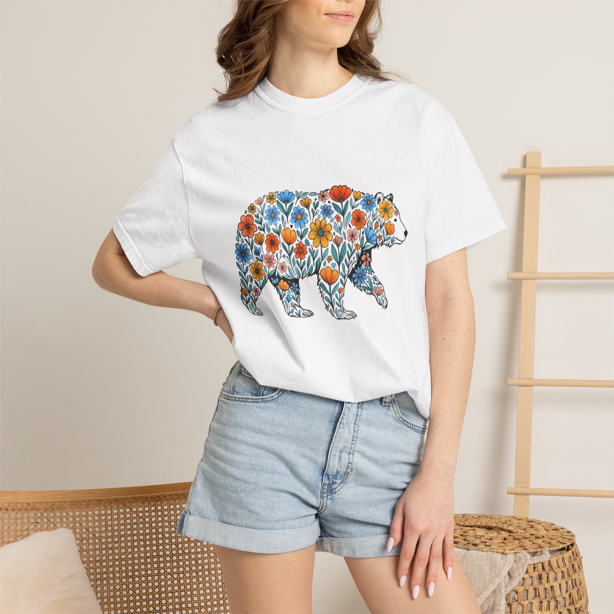 Blossom Bear Shirt Cottagecore Wilderness Gift Women Tribal Tee Teddy Bear T-Shirt Cottagecore Fan Tribal Art Tshirt Wild Graphic Doodle