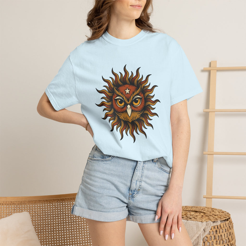 Owl Sun Shirt Owl Bohemian Gift Women Line Art Tee Hoot T-Shirt Owl Fan Minimalist Tshirt Hippie Graphic Hand Drawn Star Tshirt