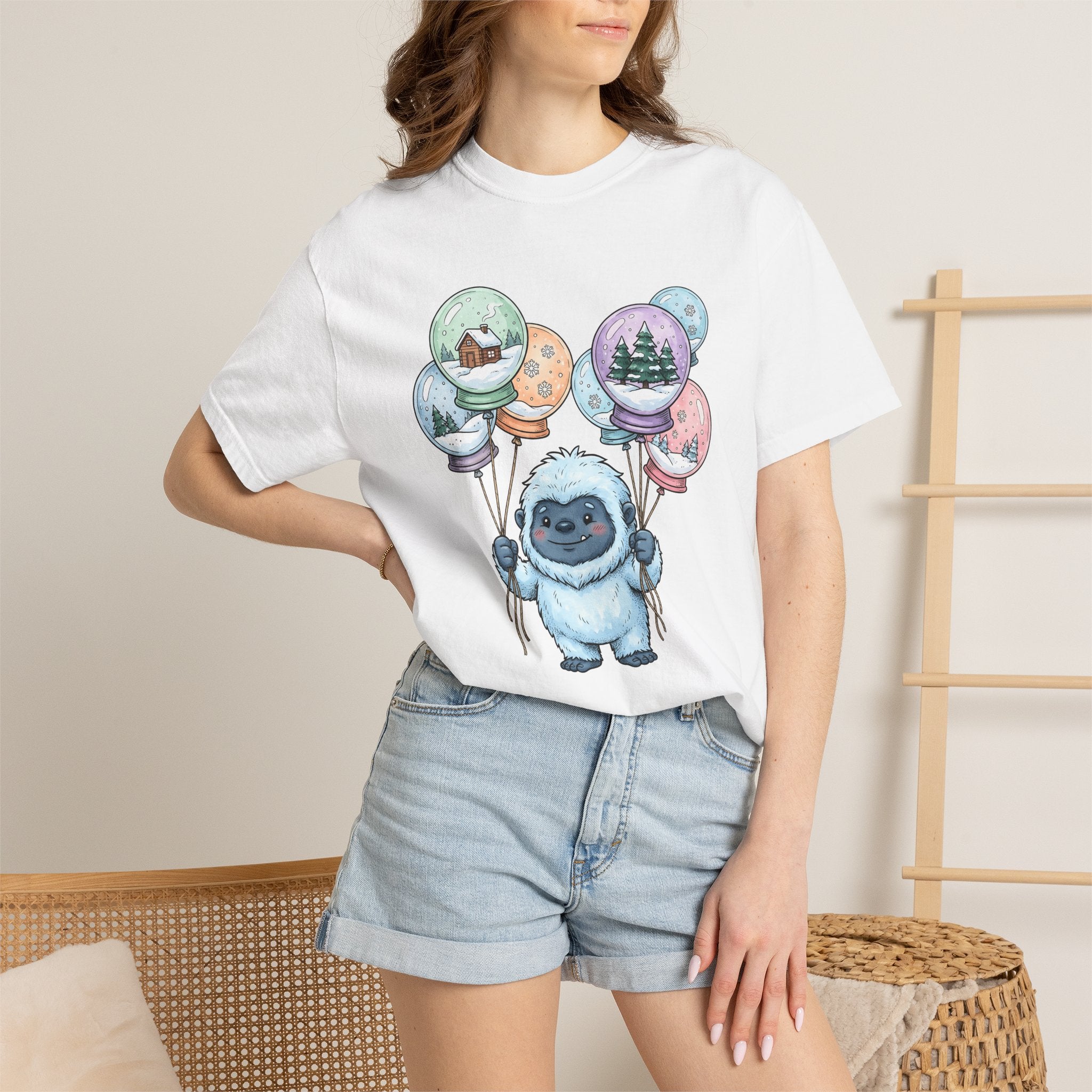 Bigfoot Snow Globe Shirt Cute Cold Gift Women Illustrated Tee Sasquatch T-Shirt Adorable Fan Illustrated Tshirt Frosty Graphic Line Art