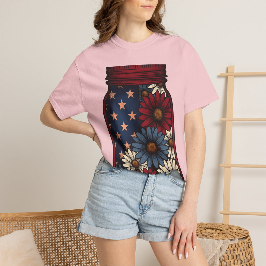 Jar Bouquet Shirt America Freedom Gift Women Old-Fashioned Tee Flower Arrangement T-Shirt Patriot Fan Vintage Tshirt Liberty Graphic Outline