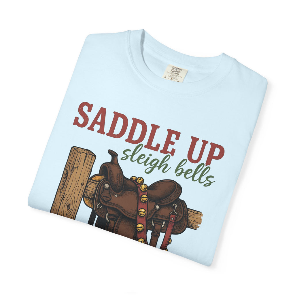 Leather Saddle Shirt Cowgirl Winter Gift Women Classic Tee Saddle T-Shirt Rodeo Fan Vintage Tshirt Frosty Graphic Outline Seasonal Bells