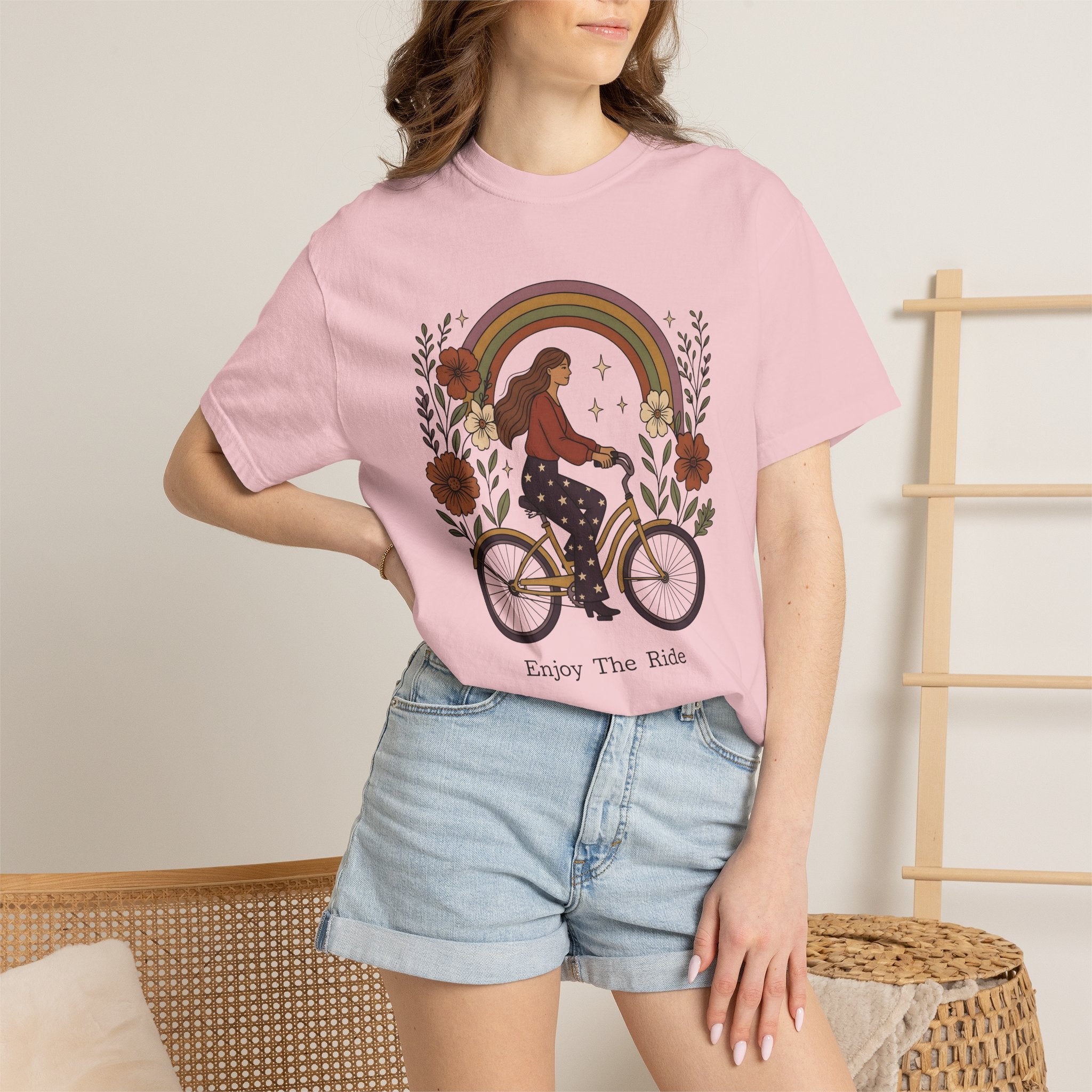 Woman Bicycle Shirt Cycling Floral Gift Women Boho Tee Bike T-Shirt Cyclist Enthusiast Bohemian Tshirt Floral Graphic Retro Rainbow Tshirt