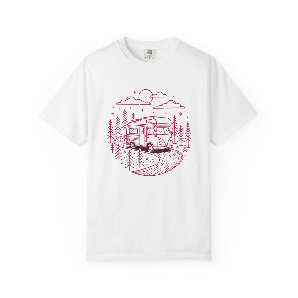 Camper Van Shirt Camping Adventure Gift Women Line Art Tee Motorhome T-Shirt Camper Fan Minimalist Tshirt Explorer Graphic Retro Pine Trees