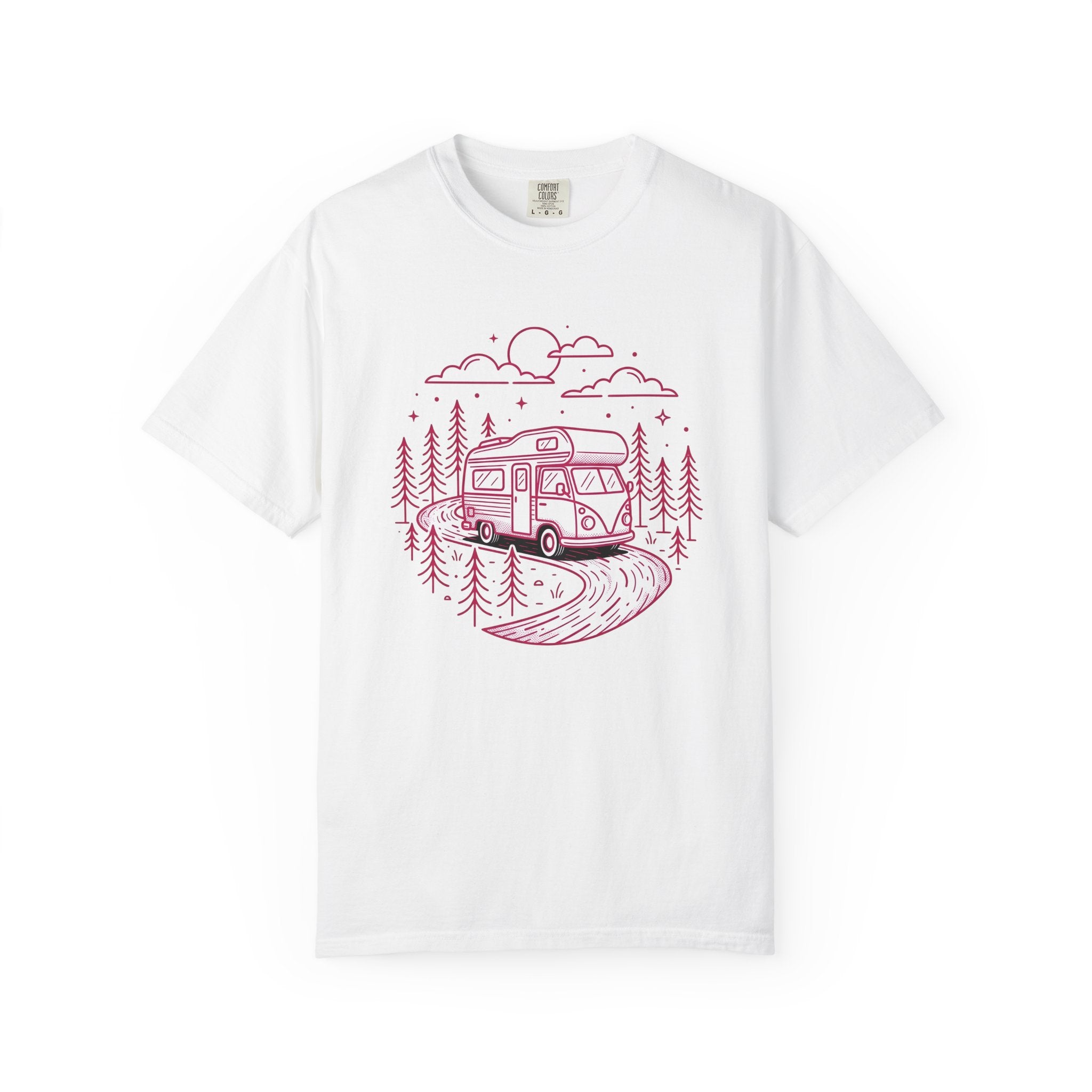 Camper Van Shirt Camping Adventure Gift Women Line Art Tee Motorhome T-Shirt Camper Fan Minimalist Tshirt Explorer Graphic Retro Pine Trees
