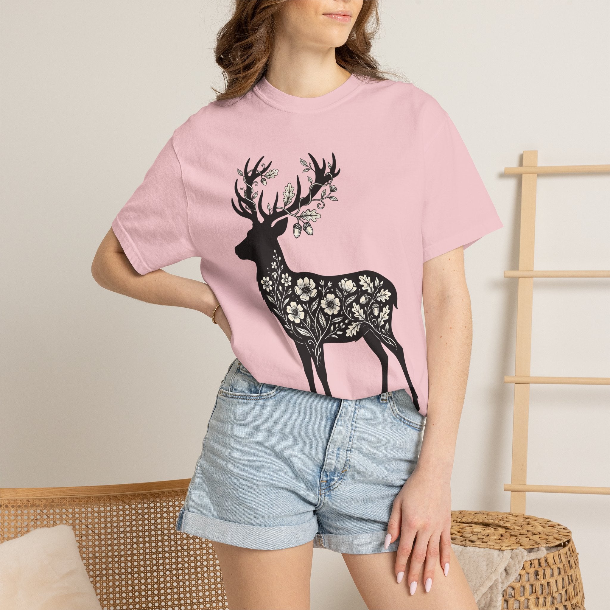 Deer Floral Shirt Animals & Flowers Nature Gift Women Botanical Tee Fawn T-Shirt Wildlife Fan Botanical Art Tshirt Wilderness Graphic