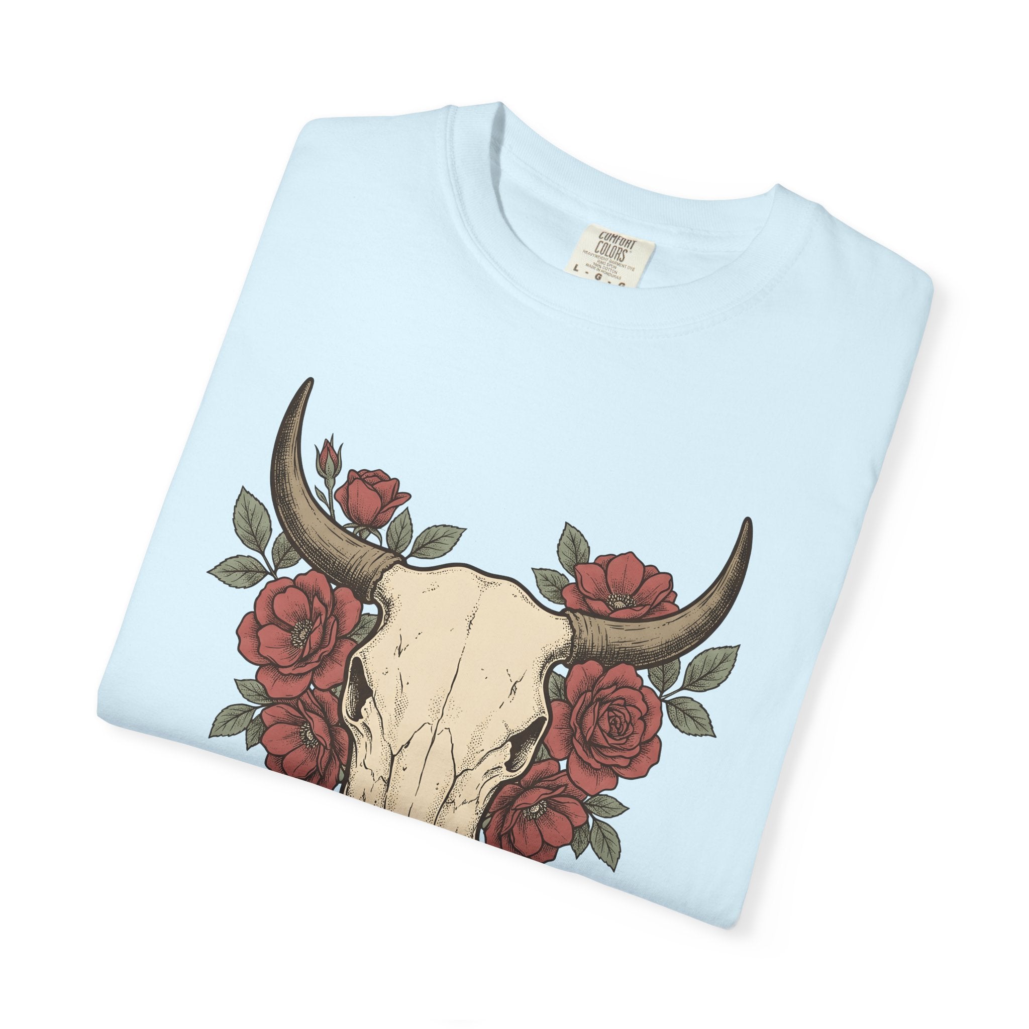 Steer Skull Shirt Cowgirl Cowboy Gift Women Ink Tee Bull Skull T-Shirt Rodeo Fan Tattoo Tshirt Cowboy Graphic Retro Flower Tshirt