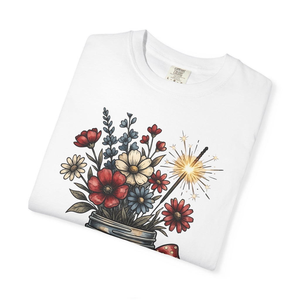 Jar Flower Bouquet Shirt 4th Of July Blooms Gift Women Retro Tee Floral Arrangement T-Shirt Independence Day Fan Vintage Tshirt Flower