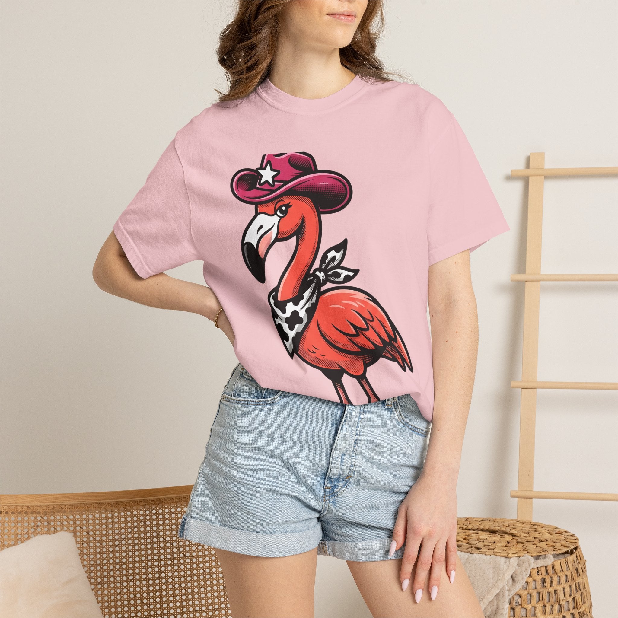 Flamingo Wrangler Shirt Cowgirl Fauna Gift Women Caricature Tee Flamingo T-Shirt Rodeo Fan Cartoon Tshirt Wildlife Graphic Hand Drawn Cowboy
