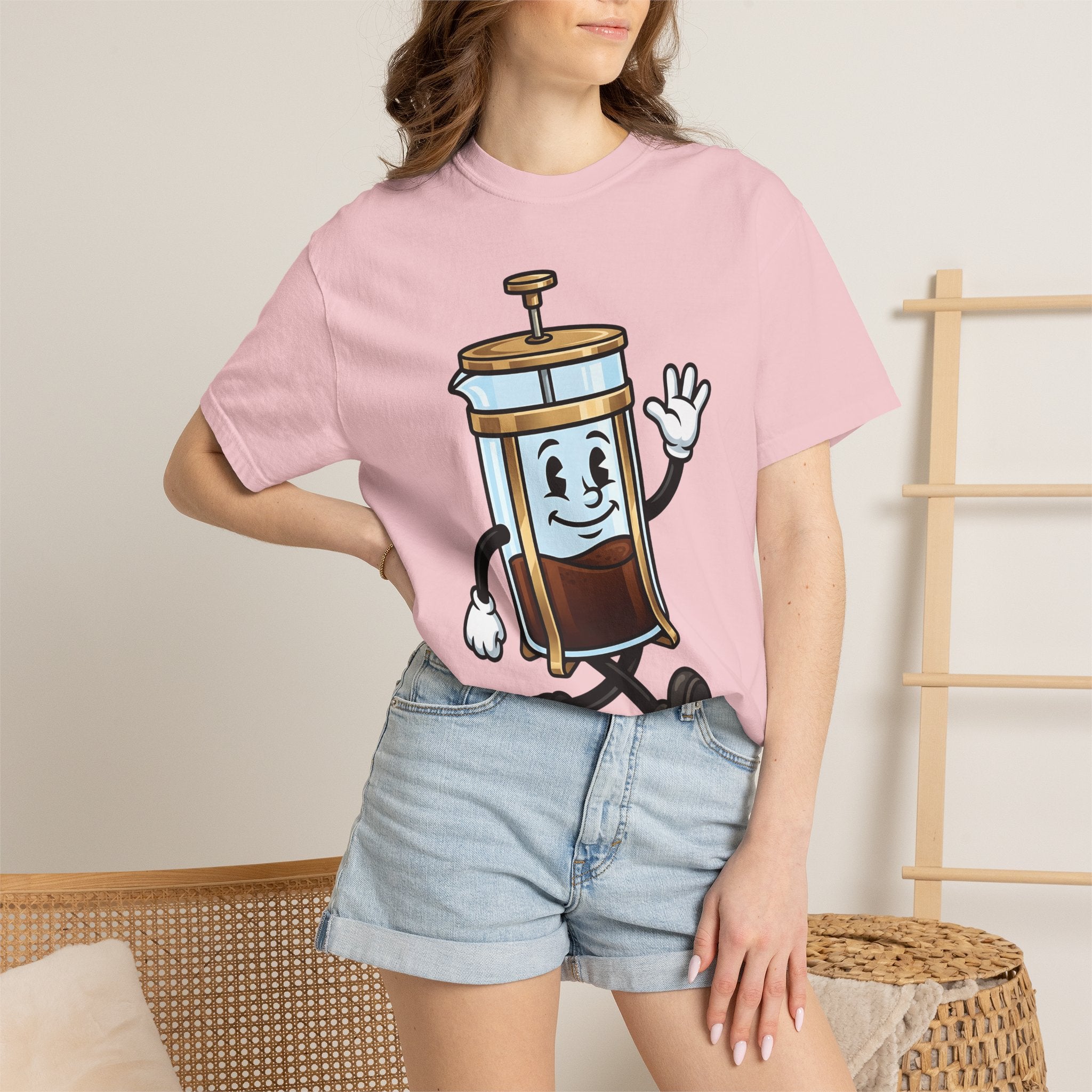 French Press Character Shirt Coffee Foodie Gift Women Cartoon Tee Cafetiere T-Shirt Coffee Fan Comic Tshirt Gourmet Graphic Retro Walking