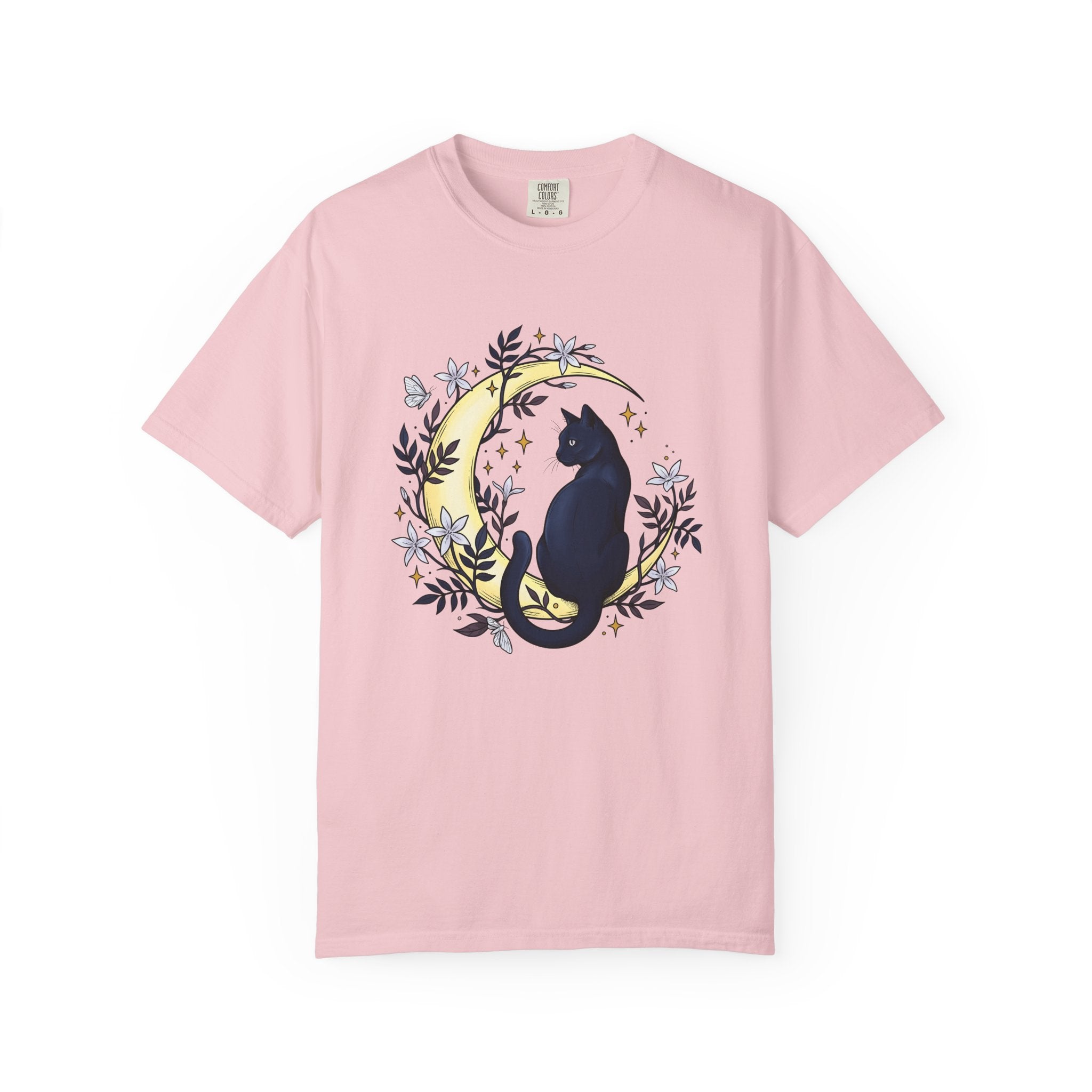 Black Cat Crescent Shirt Cat Astrology Gift Women Hippie Tee Cat T-Shirt Cat Fan Boho Tshirt Zodiac Graphic Spiritual Flower Tshirt
