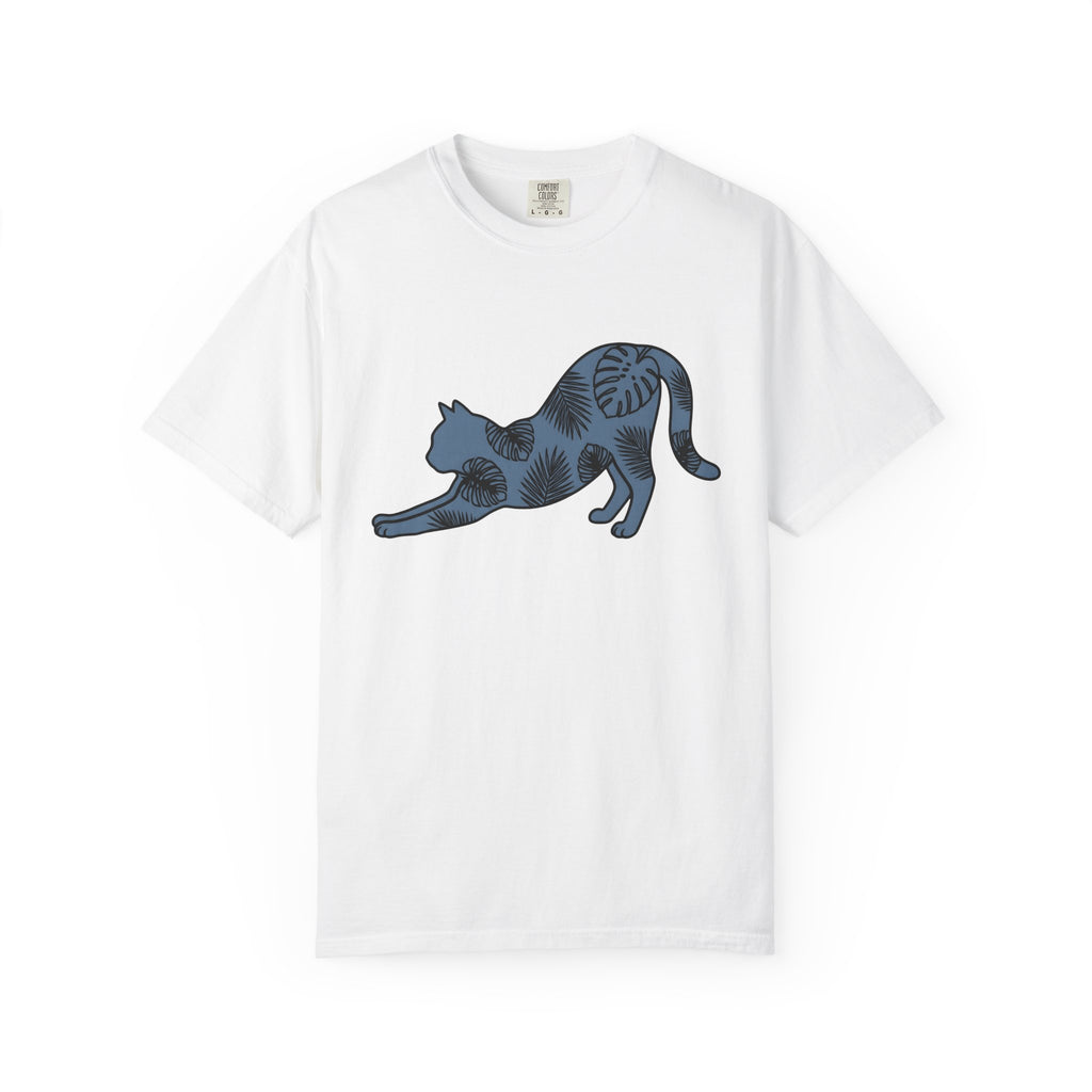 Stretching Kitten Shirt Cat Wildlife Gift Women Floral Tee Kitten T-Shirt Cat Fan Fancy Tshirt Wildlife Graphic Simple Palm Leaves Tshirt
