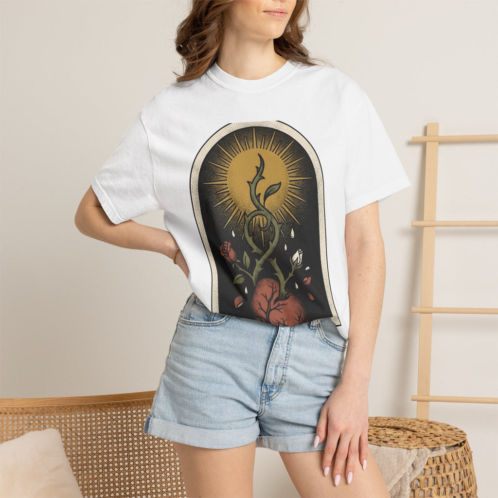 Heart Flower Shirt Holiday Spooky Gift Women Traditional Tee Floral T-Shirt Vacation Fan Folk Tshirt Horror Graphic Retro Sunburst Tshirt