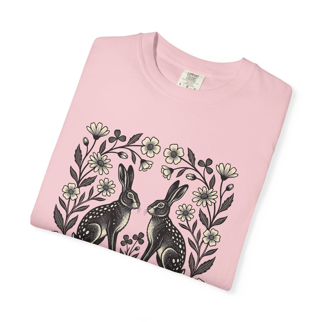 Bunny Bloom Shirt Animals & Flowers Plants Gift Women Sketch Tee Rabbit T-Shirt Floral Fan Drawing Design Primitive Field Flower Tshirt