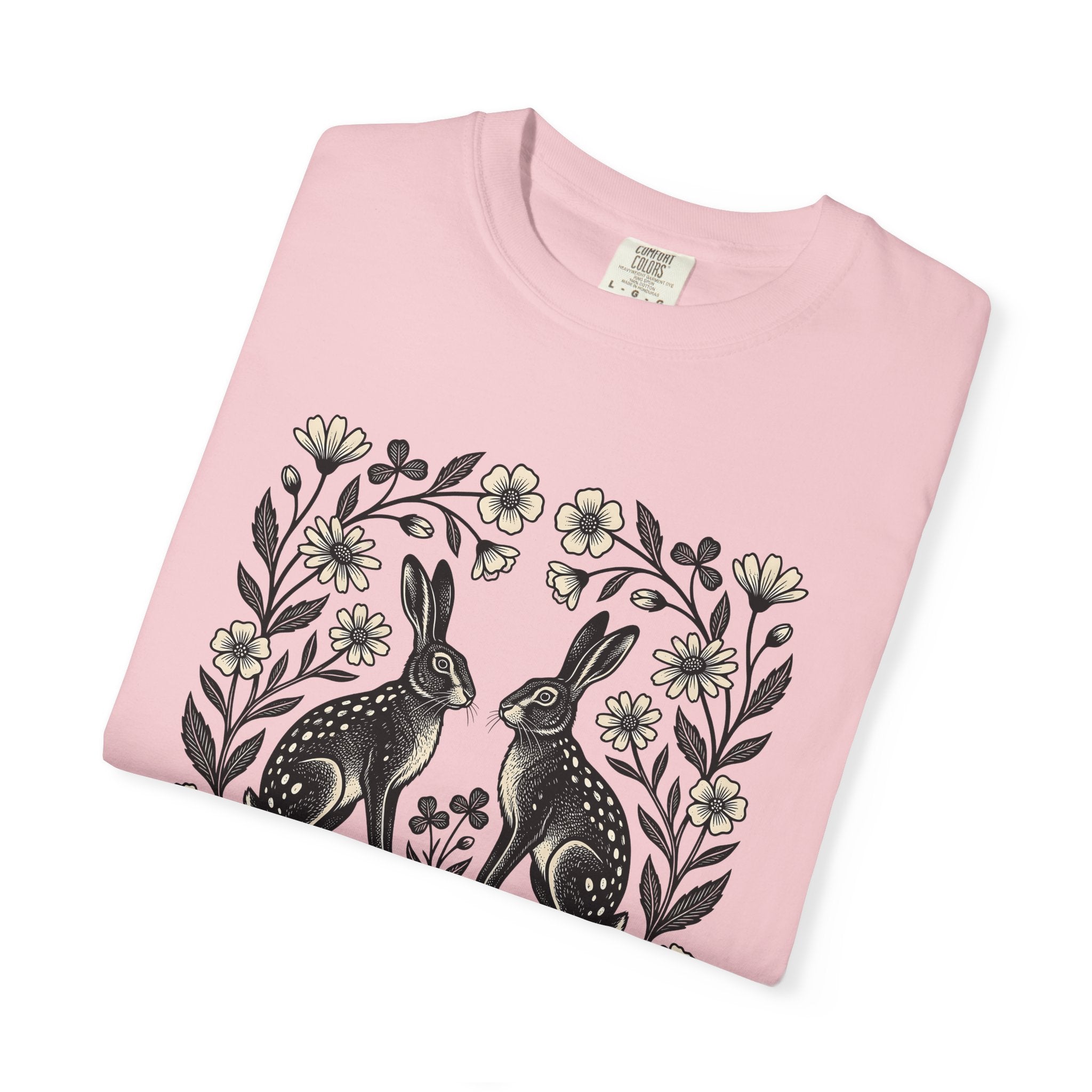 Bunny Bloom Shirt Animals & Flowers Plants Gift Women Sketch Tee Rabbit T-Shirt Floral Fan Drawing Design Primitive Field Flower Tshirt