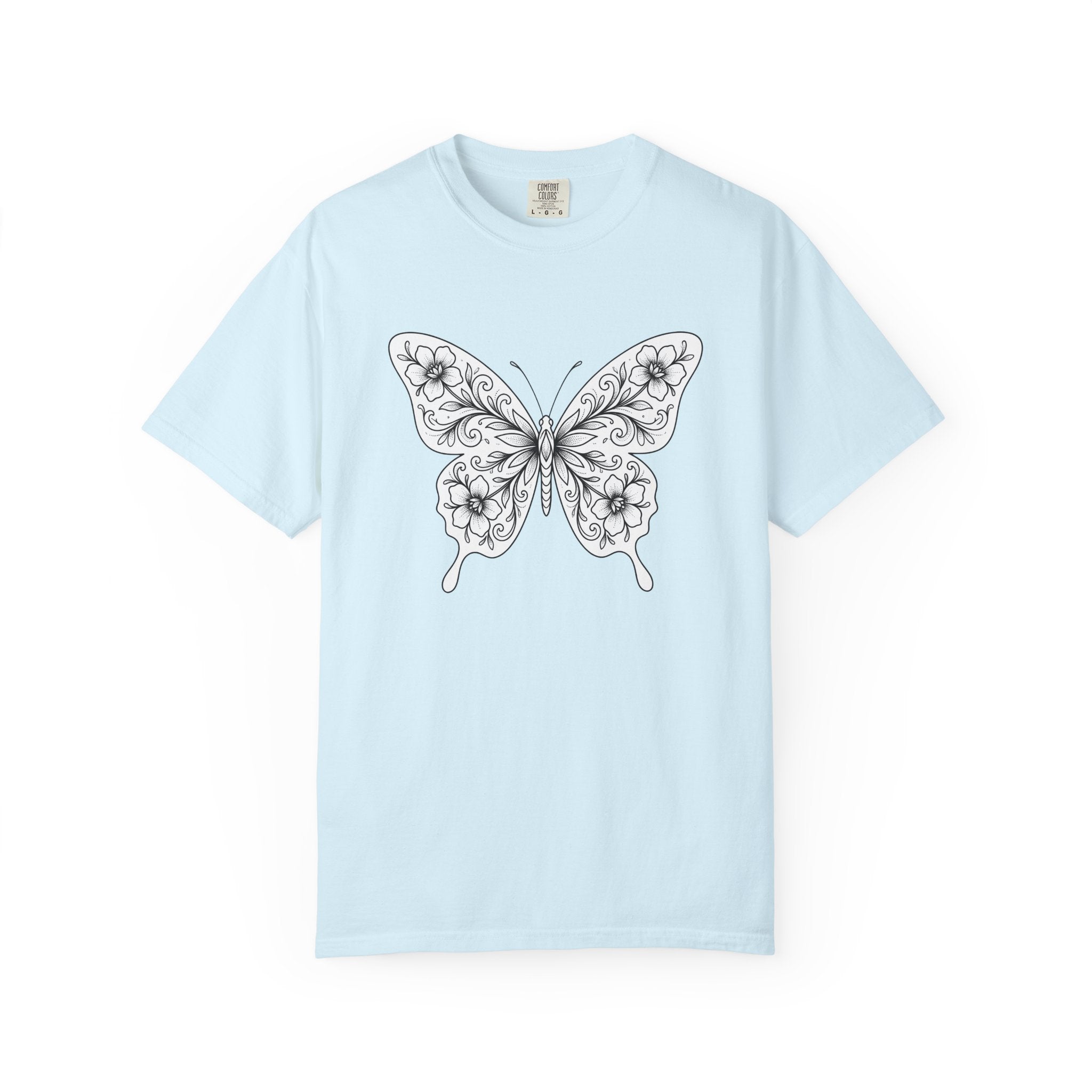Butterfly Floral Shirt Animals & Flowers Nature Gift Women Line Art Tee Butterfly T-Shirt Wildlife Fan Hand Drawn Tshirt Outdoor Graphic