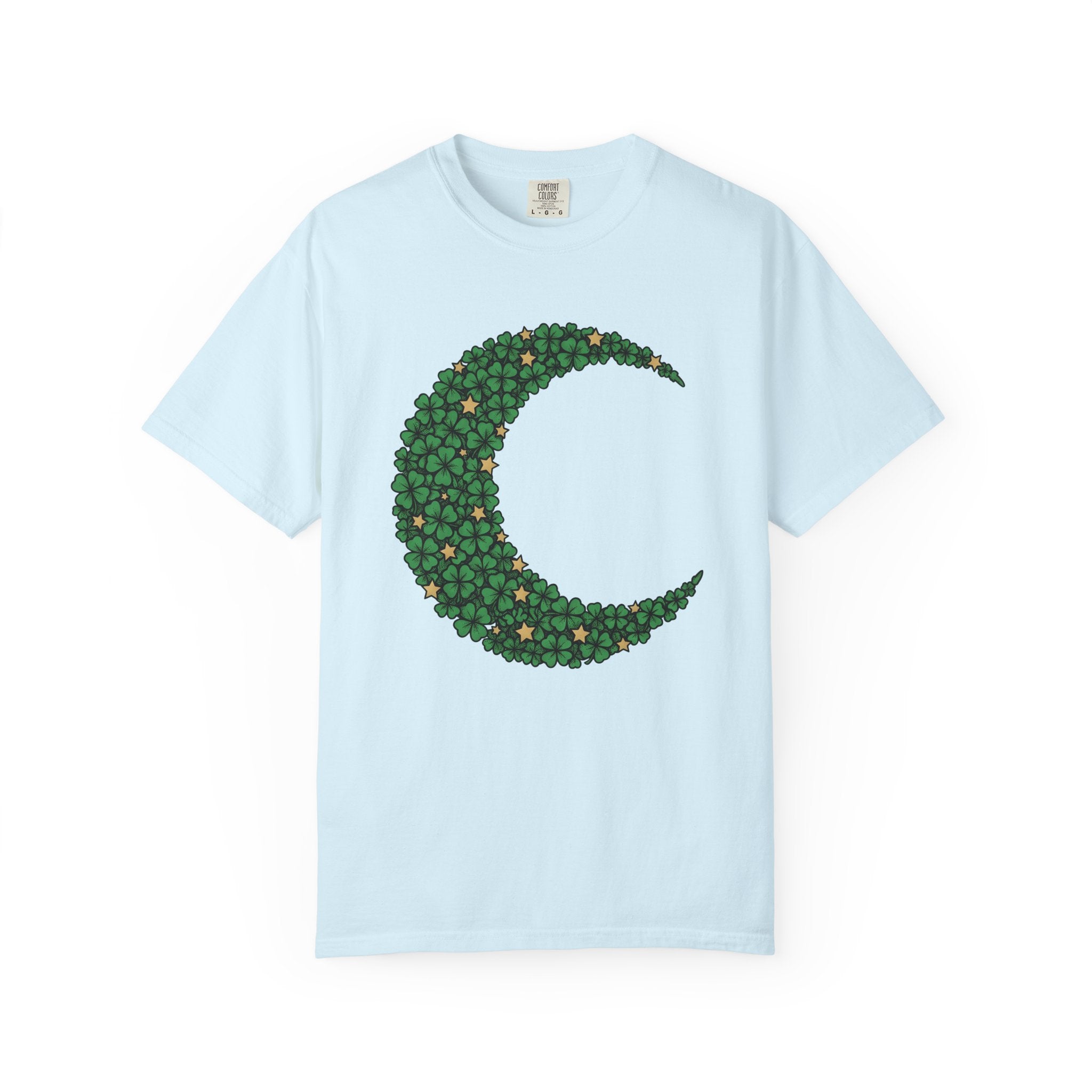Clover Moon Shirt St. Patrick's Day Astrology Gift Women Hippie Tee Shamrock T-Shirt Luck Fan Bohemian Tshirt Zodiac Graphic Simple Sparkles