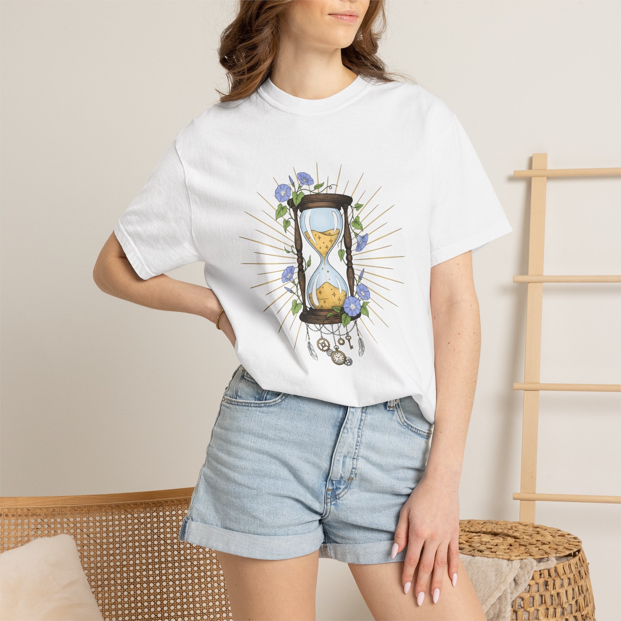 Hourglass Floral Shirt Boho Chic Celestial Gift Women Boho Tee Sand Timer T-Shirt Bohemian Fan Hippie Tshirt Galaxy Graphic Vintage Gears