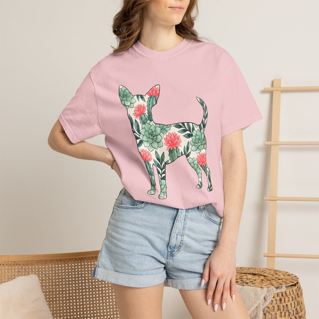 Chihuahua Succulent Shirt Dog Greenery Gift Women Painted Tee Puppy T-Shirt Dog Fan Handpainted Tshirt Foliage Graphic Leaf Art Cactus