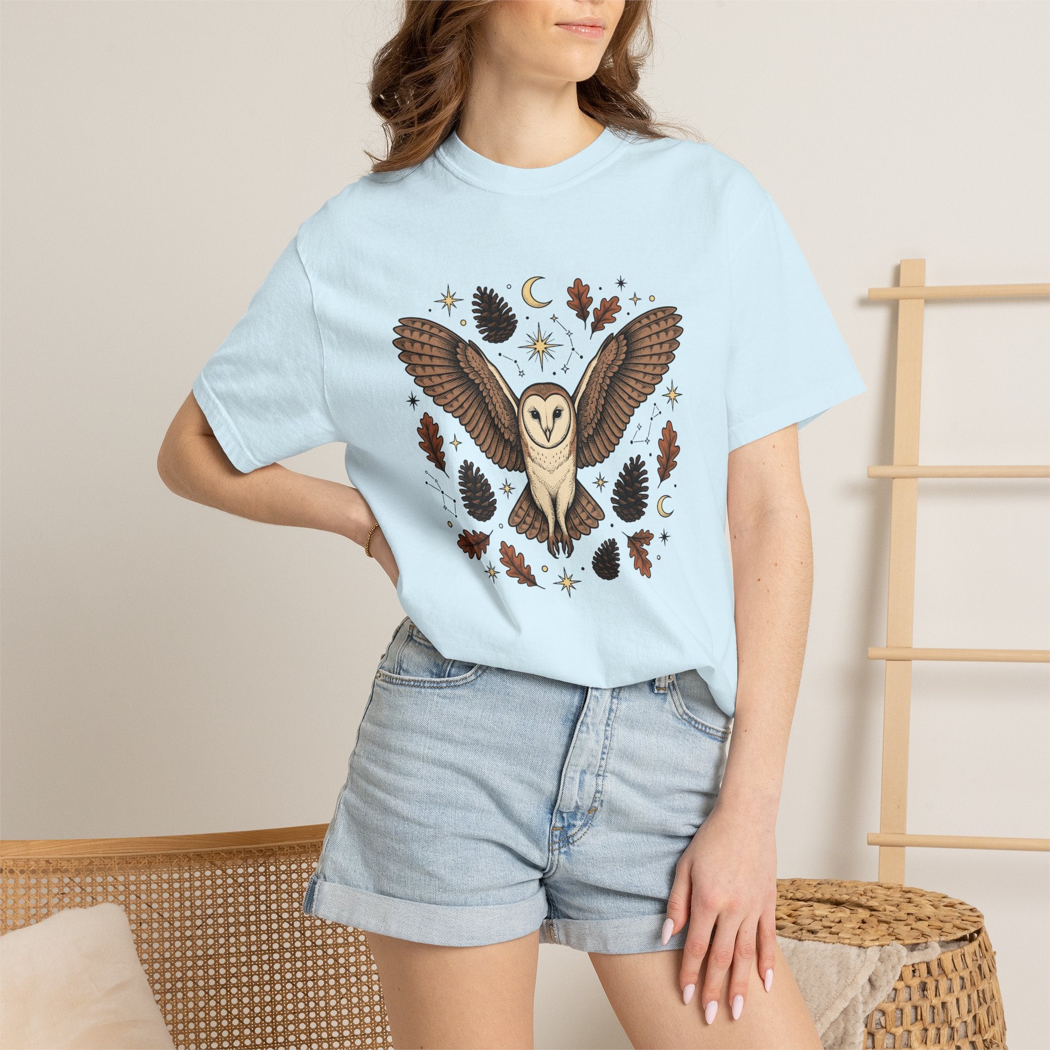Barn Owl Shirt Animals Outdoors Gift Women Tribal Tee Owl T-Shirt Wildlife Enthusiast Primitive Tshirt Nature Graphic Antique Pinecone