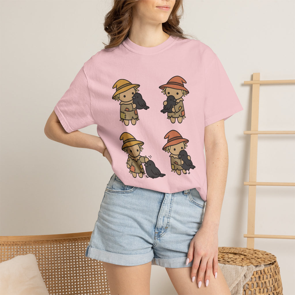 Scarecrow Crow Shirt Halloween Leaves Gift Women Hand Drawn Tee Crow T-Shirt Horror Fan Illustrated Tshirt Foliage Graphic Sleek Applique