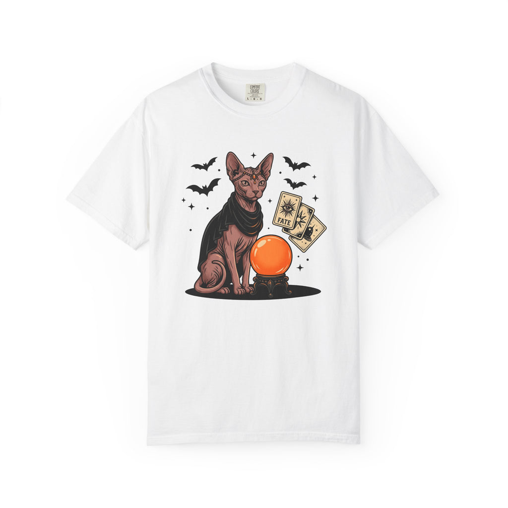 Hairless Cat Shirt Halloween Mysticism Gift Women Spooky Tee Sphynx T-Shirt Horror Fan Occult Graphic Tshirt Antique Magic Orb Tshirt
