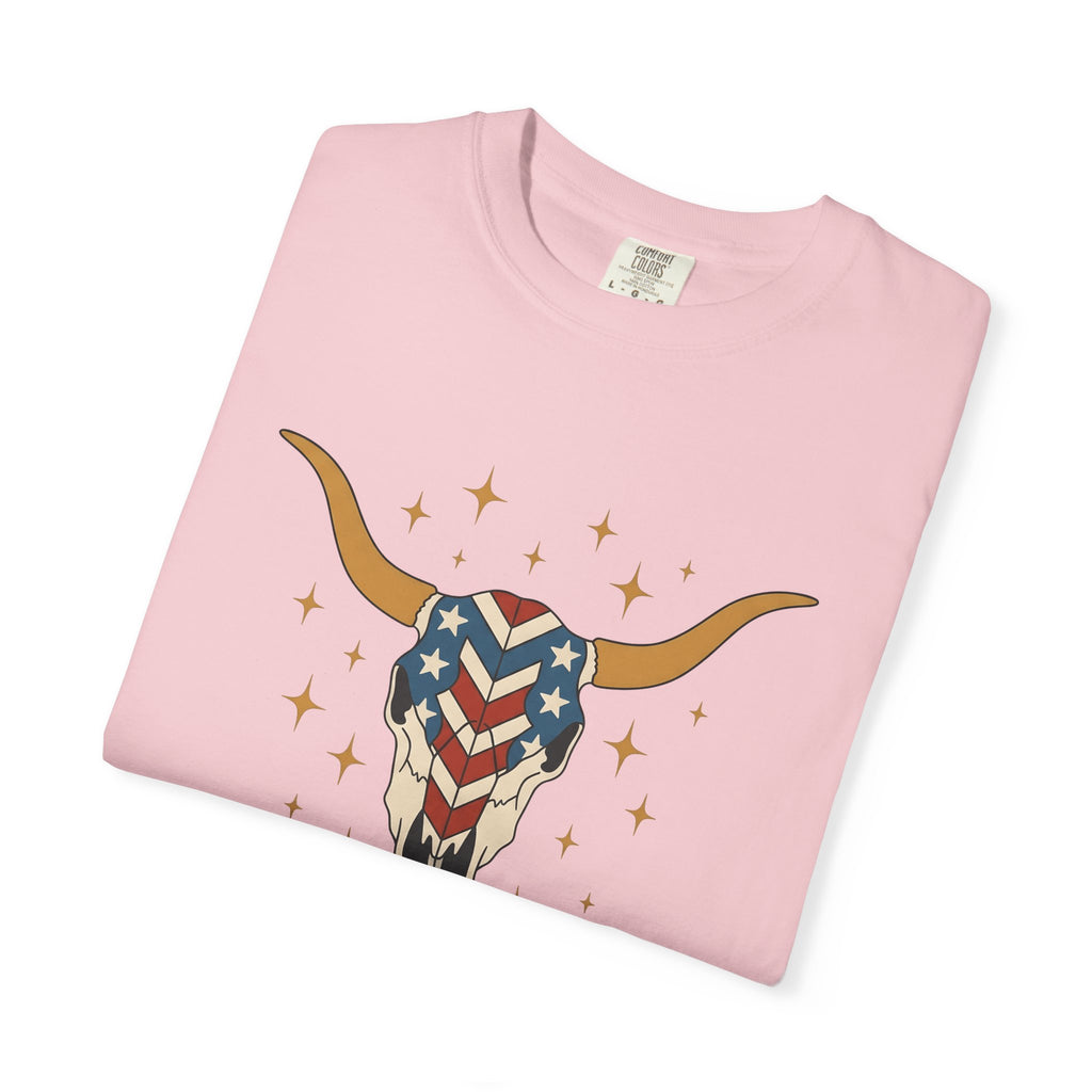 Longhorn Skull Shirt 4th Of July American Gift Women Tribal Tee Bull Skull T-Shirt Patriotic Fan Native Tshirt American Graphic Country