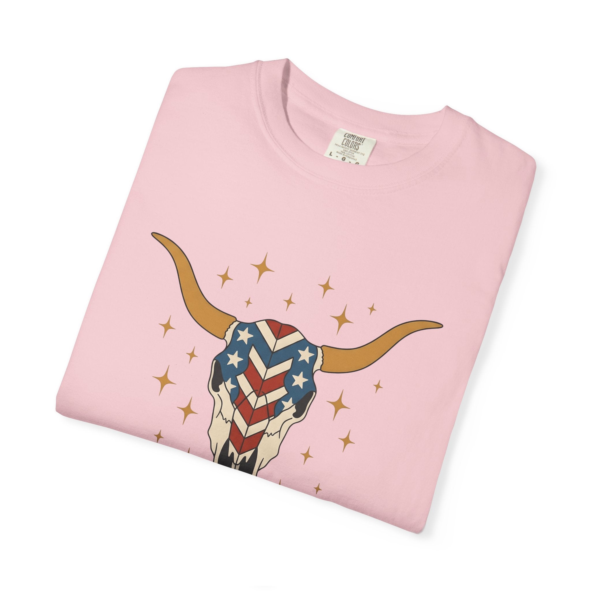 Longhorn Skull Shirt 4th Of July American Gift Women Tribal Tee Bull Skull T-Shirt Patriotic Fan Native Tshirt American Graphic Country