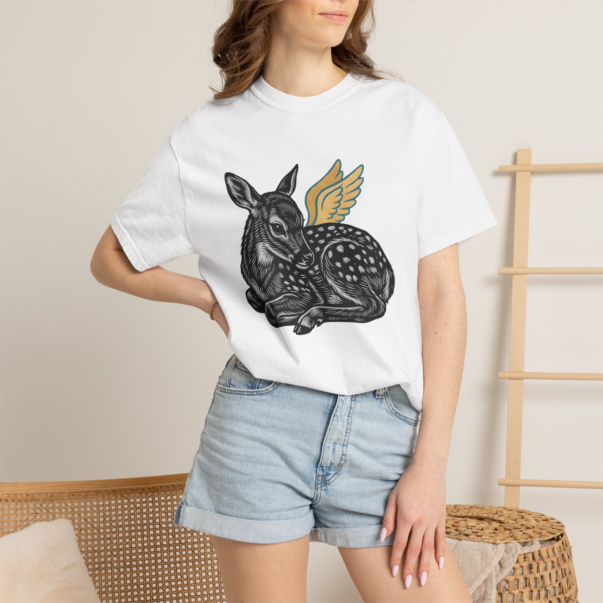 Fawn Shirt Animal Mythical Gift Women Linocut Tee Deer T-Shirt Wildlife Fan Print Illustration Retro Feathers Tshirt