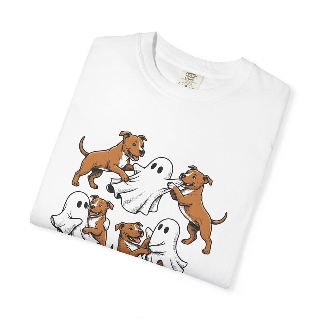 Ghost Pitbull Puppy Shirt Dog Funny Gift Women Comic Tee Pitbull Pup T-Shirt Dog Fan Cartoon Tshirt Humor Graphic Hand Drawn Halloween