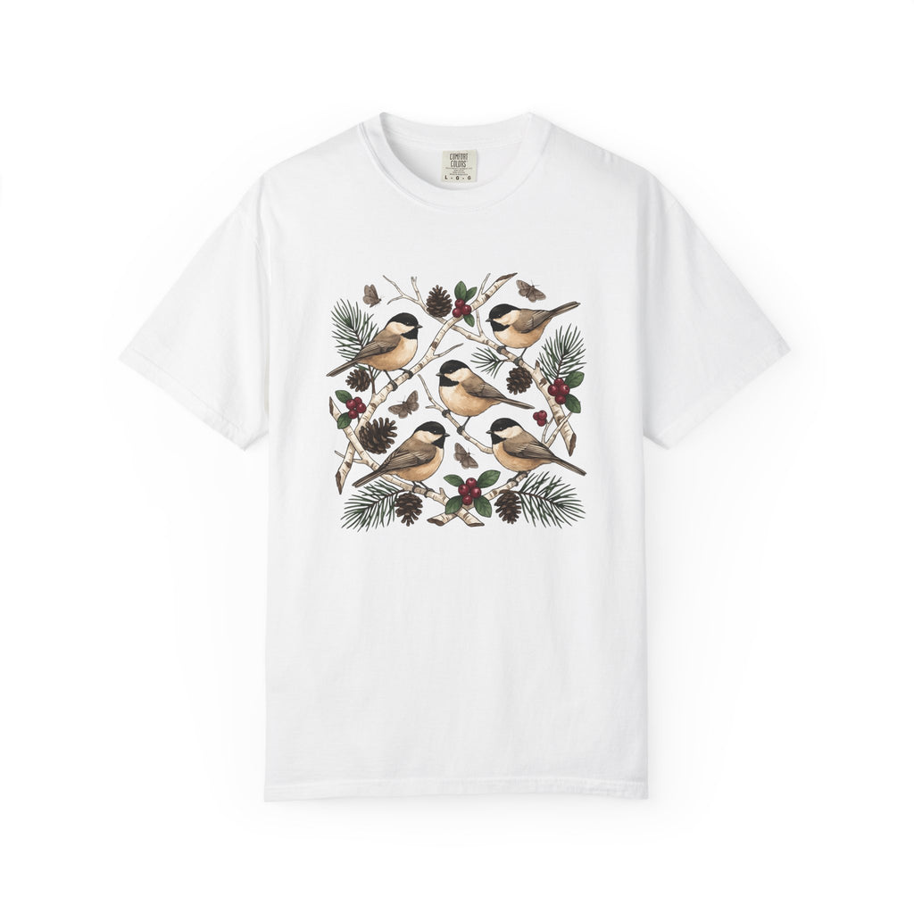Chickadee Bird Shirt Animals & Flowers Outdoors Gift Women Herbaceous Tee Titmouse T-Shirt Wildlife Enthusiast Botanical Tshirt Nature