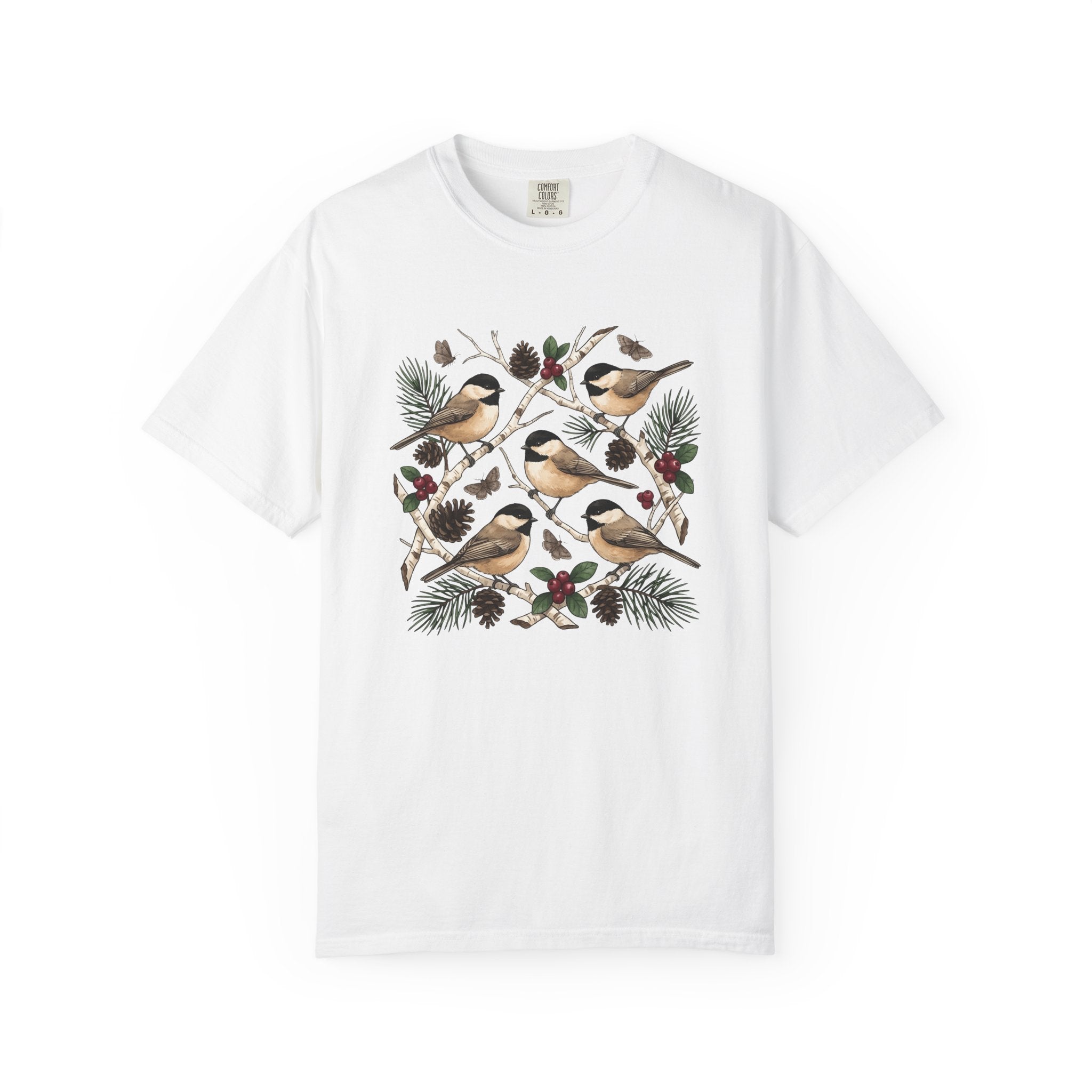 Chickadee Bird Shirt Animals & Flowers Outdoors Gift Women Herbaceous Tee Titmouse T-Shirt Wildlife Enthusiast Botanical Tshirt Nature