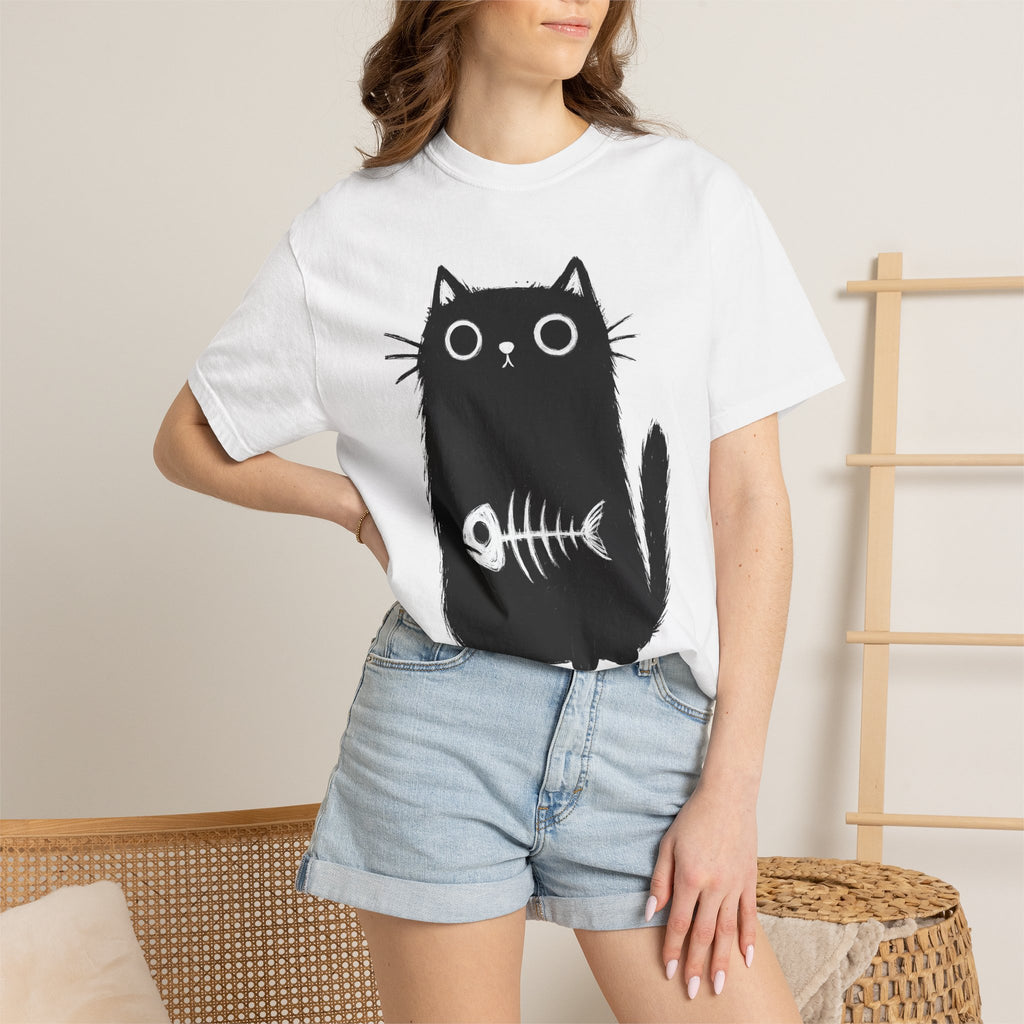 Black Kitten Shirt Cat Alternative Gift Women Hand Drawn Tee Kitten T-Shirt Cat Fan Illustrated Tshirt Punk Graphic Simple Fish Bone Tshirt
