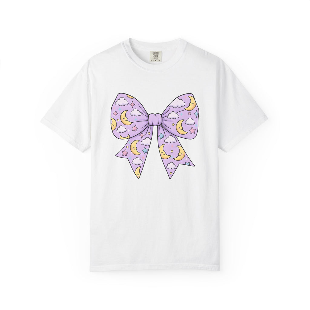 Night Bow Shirt Celestial Sweet Gift Women Hand Drawn Tee Bow Tie T-Shirt Galaxy Fan Illustrated Tshirt Cute Graphic Muted Glitter Tshirt