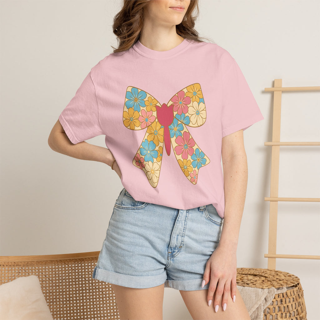 Petal Bow Shirt Easter Flora Gift Women Light Shades Tee Floral Bow T-Shirt Easter Fan Floral Design Easter Tshirt Old Style Iris Tshirt