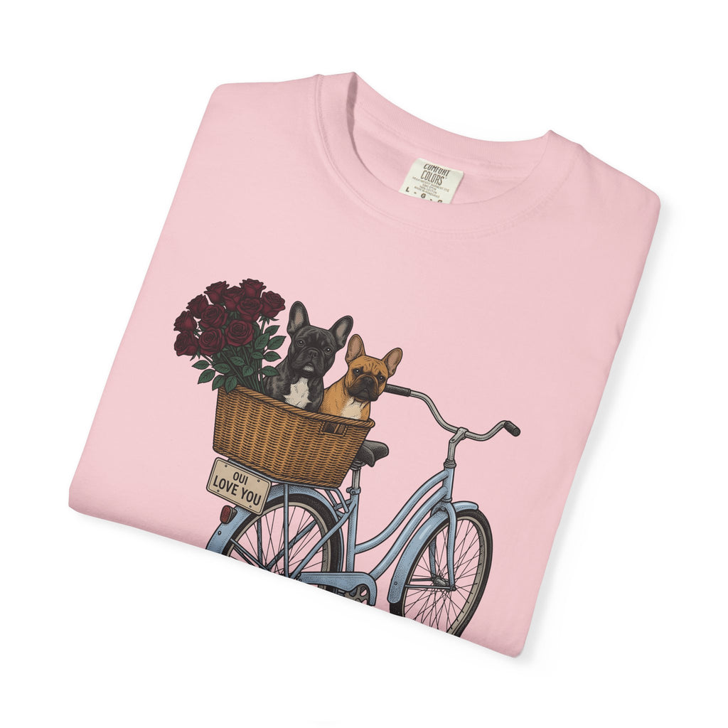 Frenchie Bike Shirt Valentines Day Puppy Gift Women Rustic Tee Bicycle T-Shirt Valentine Fan Rustic Tshirt Dog Graphic Line Art Garden Rose