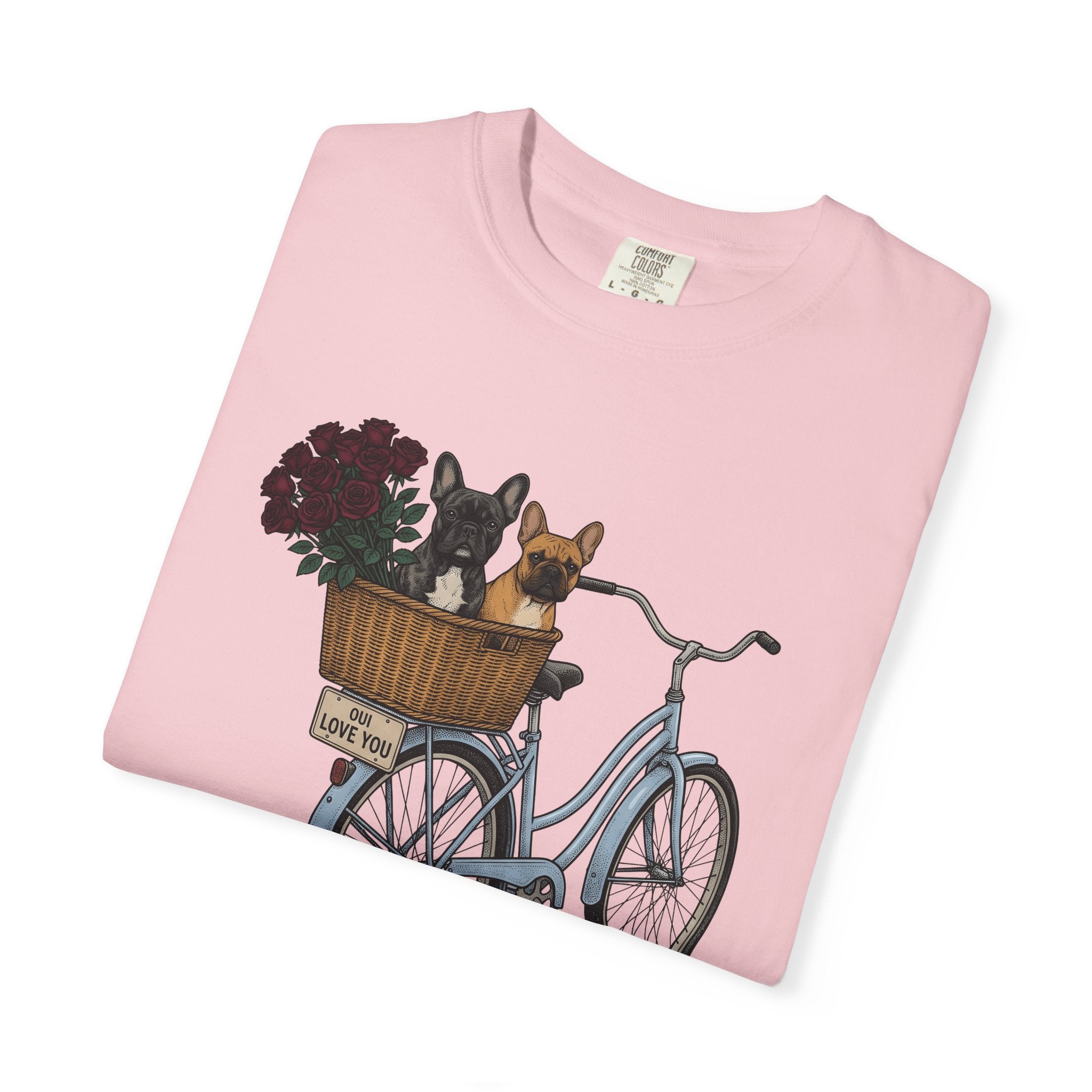 Frenchie Bike Shirt Valentines Day Puppy Gift Women Rustic Tee Bicycle T-Shirt Valentine Fan Rustic Tshirt Dog Graphic Line Art Garden Rose