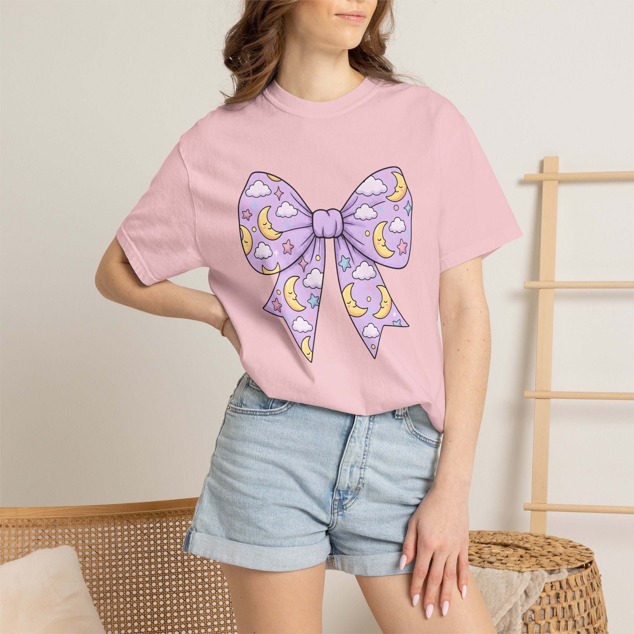 Night Bow Shirt Celestial Sweet Gift Women Hand Drawn Tee Bow Tie T-Shirt Galaxy Fan Illustrated Tshirt Cute Graphic Muted Glitter Tshirt