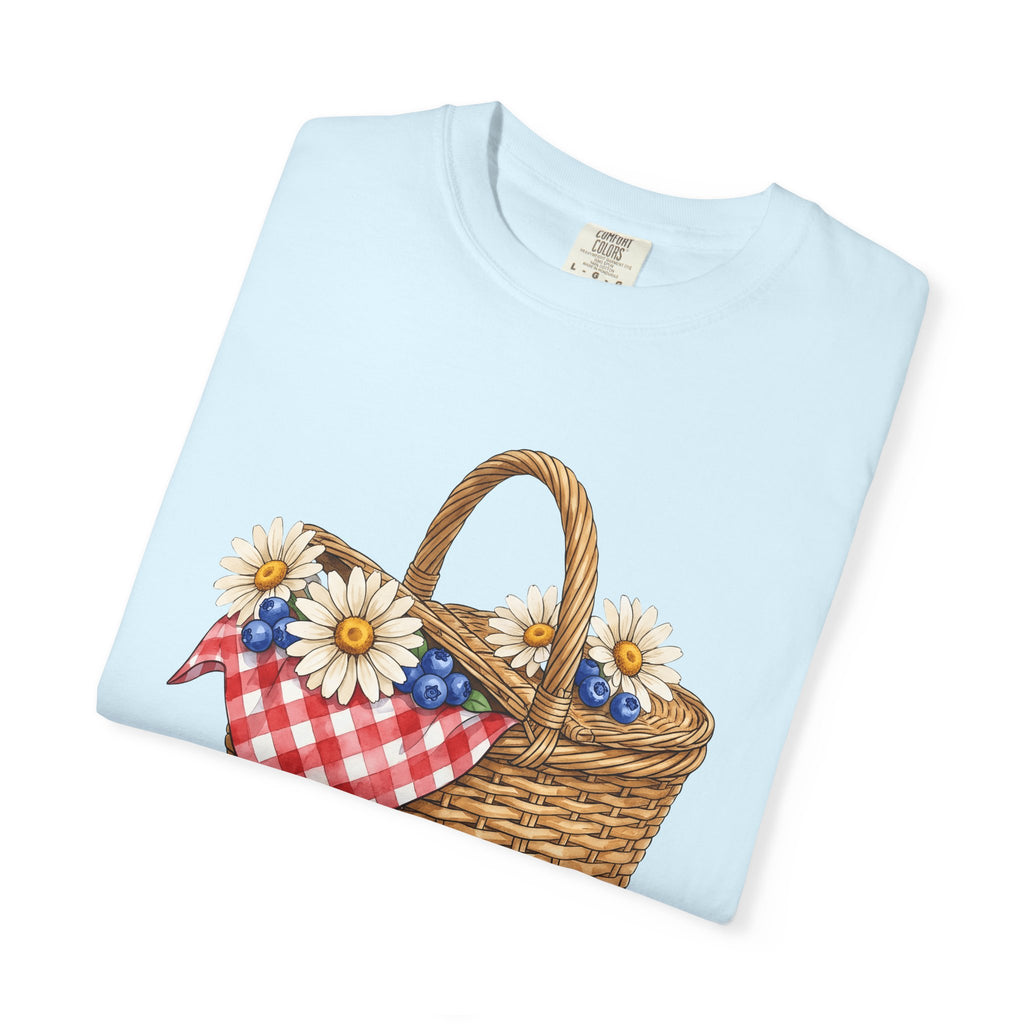 Picnic Basket Shirt 4th Of July Holiday Gift Women Sketch Tee Hamper T-Shirt Fireworks Fan Drawing Graphic Vintage Daisy Petals Tshirt