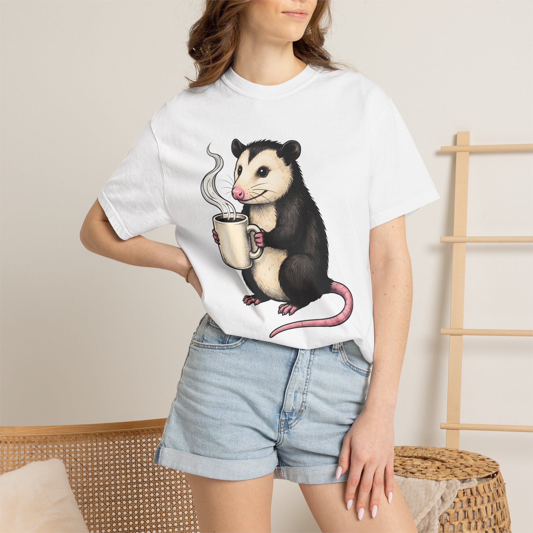 Possum Coffee Cup Shirt Animals Coffee Gift Women Cute Tee Opossum T-Shirt Wildlife Fan Cute Tshirt Coffee Design Hand Drawn Mug Tshirt