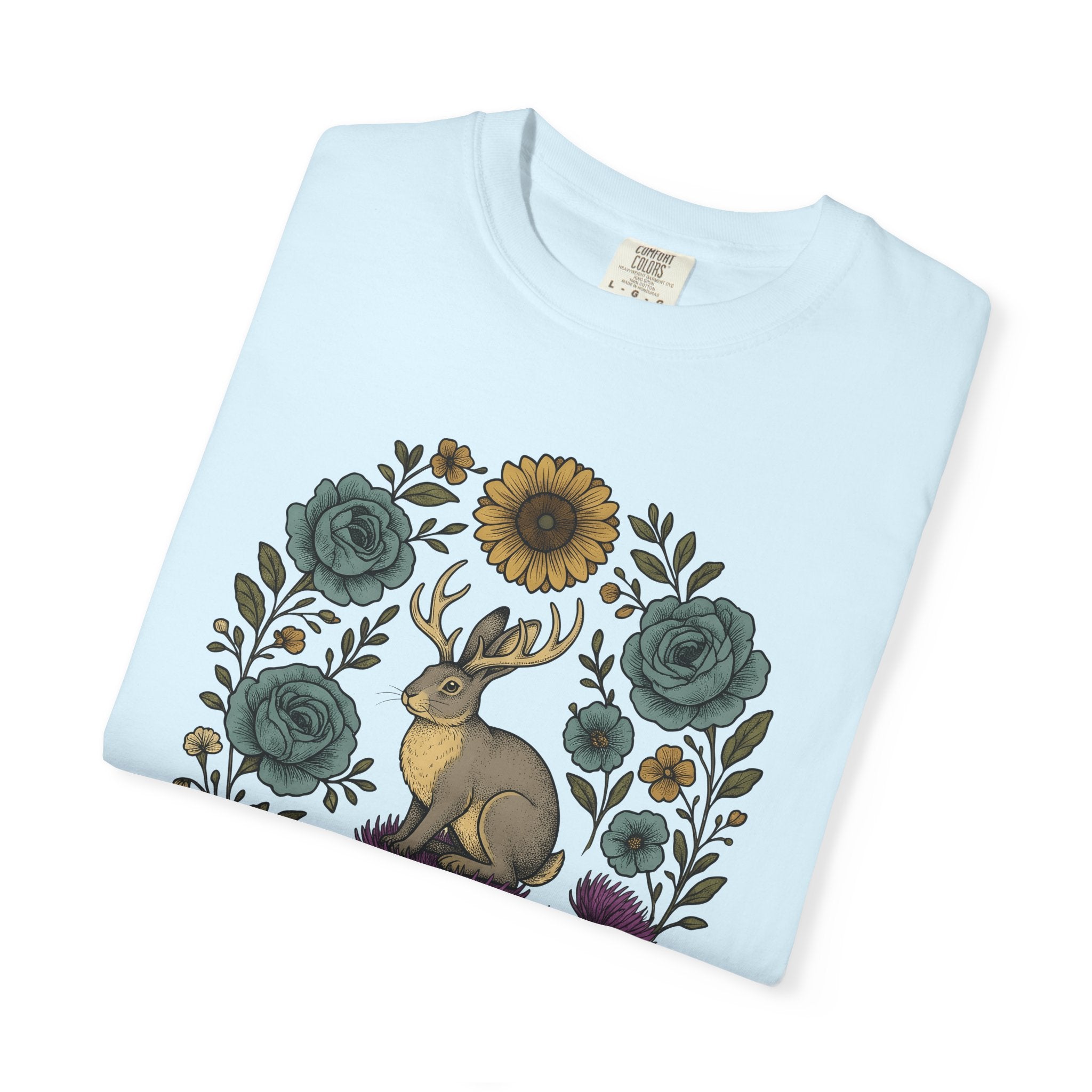 Jackalope Shirt Boho Chic Animal Gift Women Folk Art Tee Antelope T-Shirt Hippie Fan Primitive Tshirt Wildlife Graphic Vintage Floral Frame