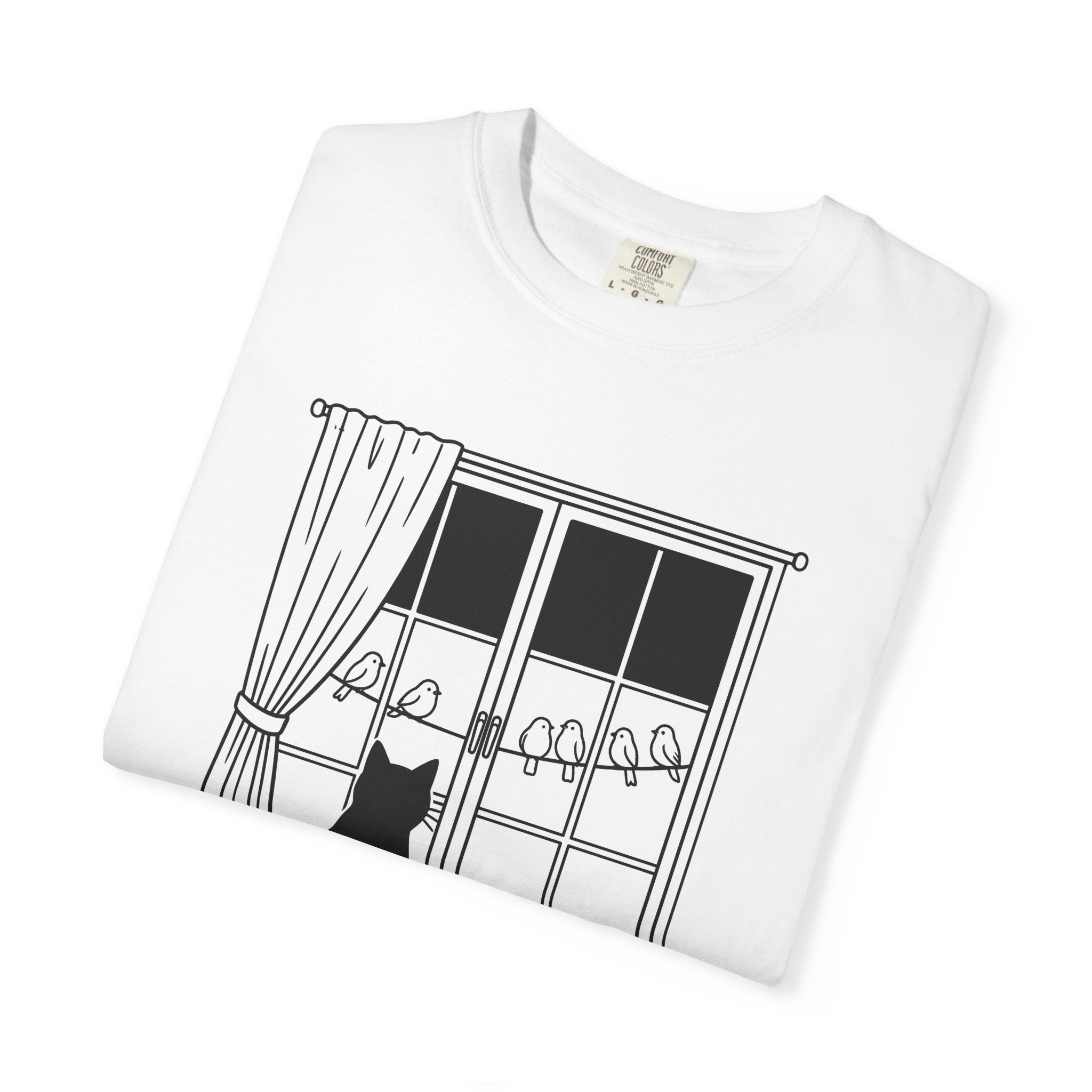 Cat Window Shirt Cat Animals Gift Women Simple Tee Perch T-Shirt Cat Fan Minimalist Tshirt Wildlife Graphic Outline Birds Tshirt