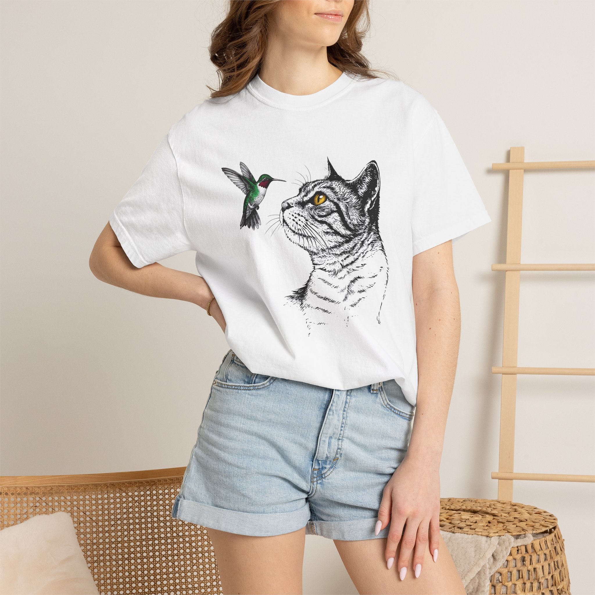 Feline Portrait Shirt Cat Pet Gift Women Line Art Tee Cat T-Shirt Cat Fan Kitten Graphic Illustration Classic Hummingbird Tshirt