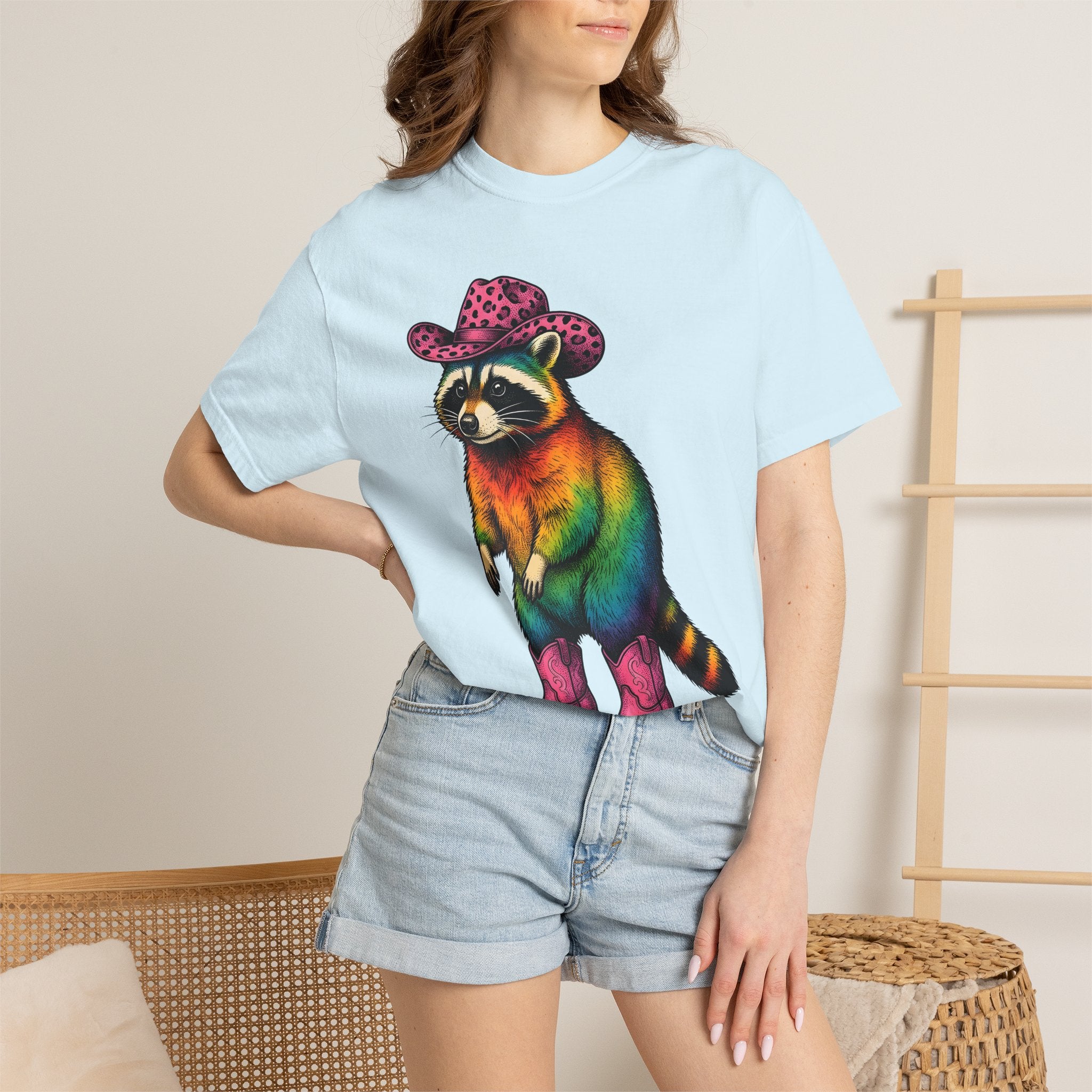 Colorful Raccoon Shirt Cowgirl Wildlife Gift Women Vibrant Graphic Tee Raccoon T-Shirt Cowgirl Fan Animal Graphic Wildlife Illustration