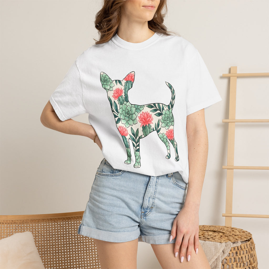 Chihuahua Succulent Shirt Dog Greenery Gift Women Painted Tee Puppy T-Shirt Dog Fan Handpainted Tshirt Foliage Graphic Leaf Art Cactus