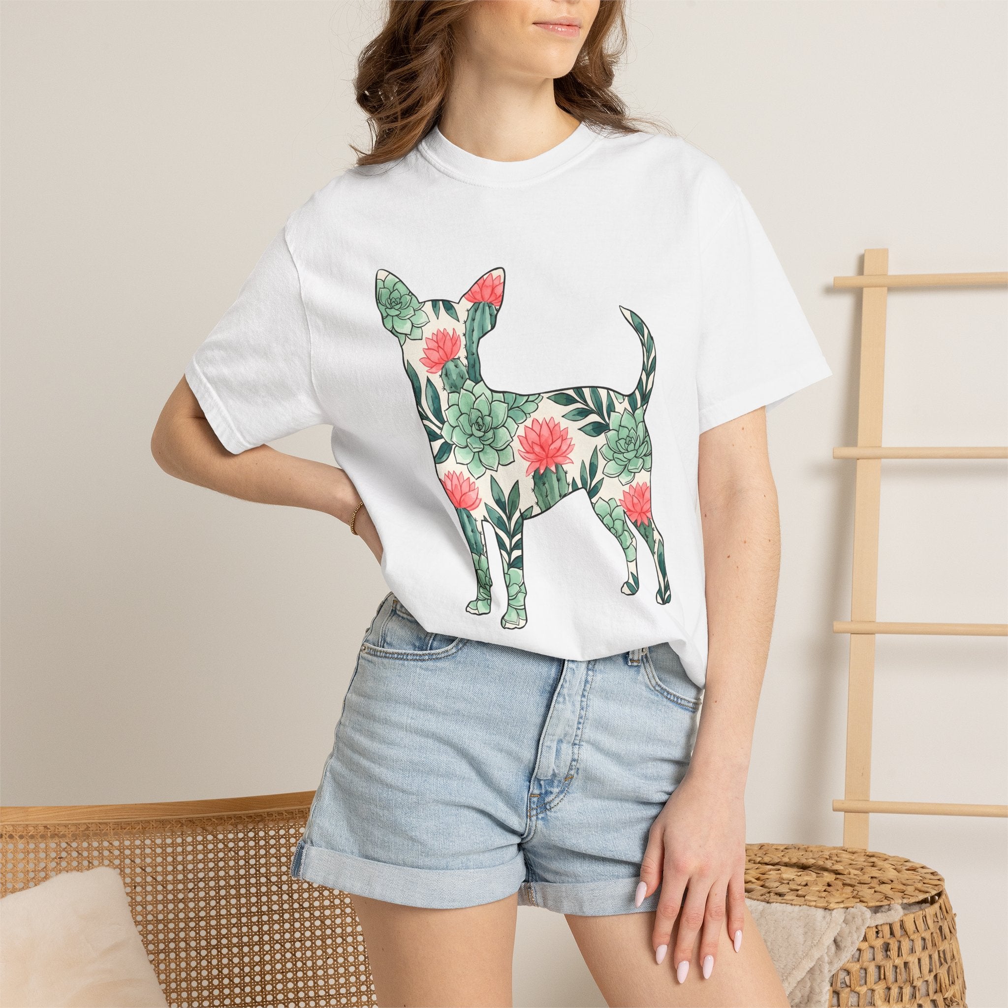 Chihuahua Succulent Shirt Dog Greenery Gift Women Painted Tee Puppy T-Shirt Dog Fan Handpainted Tshirt Foliage Graphic Leaf Art Cactus