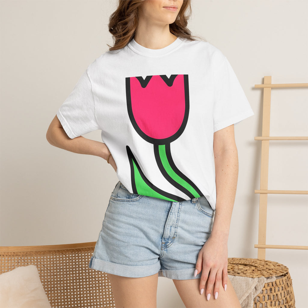 Tulip Bloom Shirt Easter Blossoms Gift Women Simple Tee Tulip T-Shirt Spring Fan Floral Tshirt Flower Graphic Contemporary Leafy Stem Tshirt