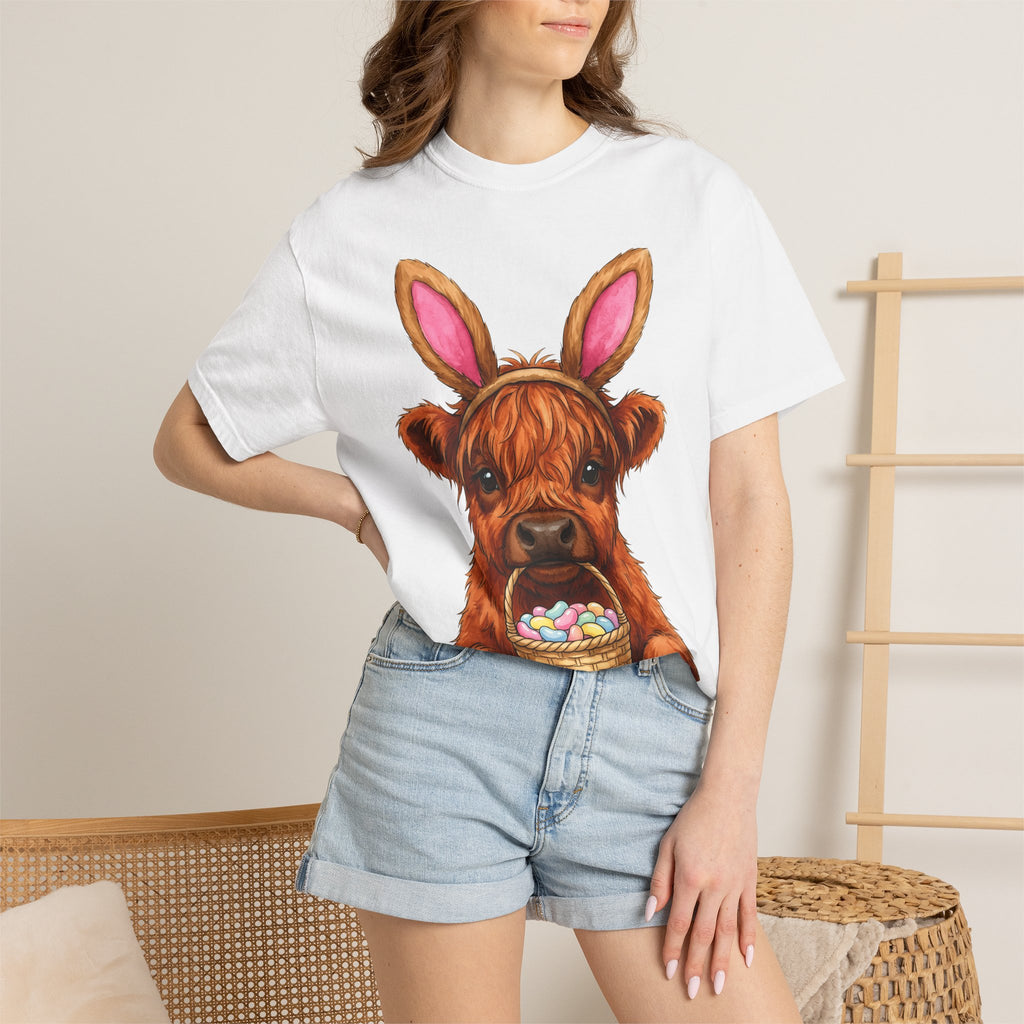 Highland Cow Shirt Easter Animal Gift Women Cute Tee Cow T-Shirt Easter Fan Cowboy Tshirt Creature Graphic Watercolor Bunny Ears Tshirt