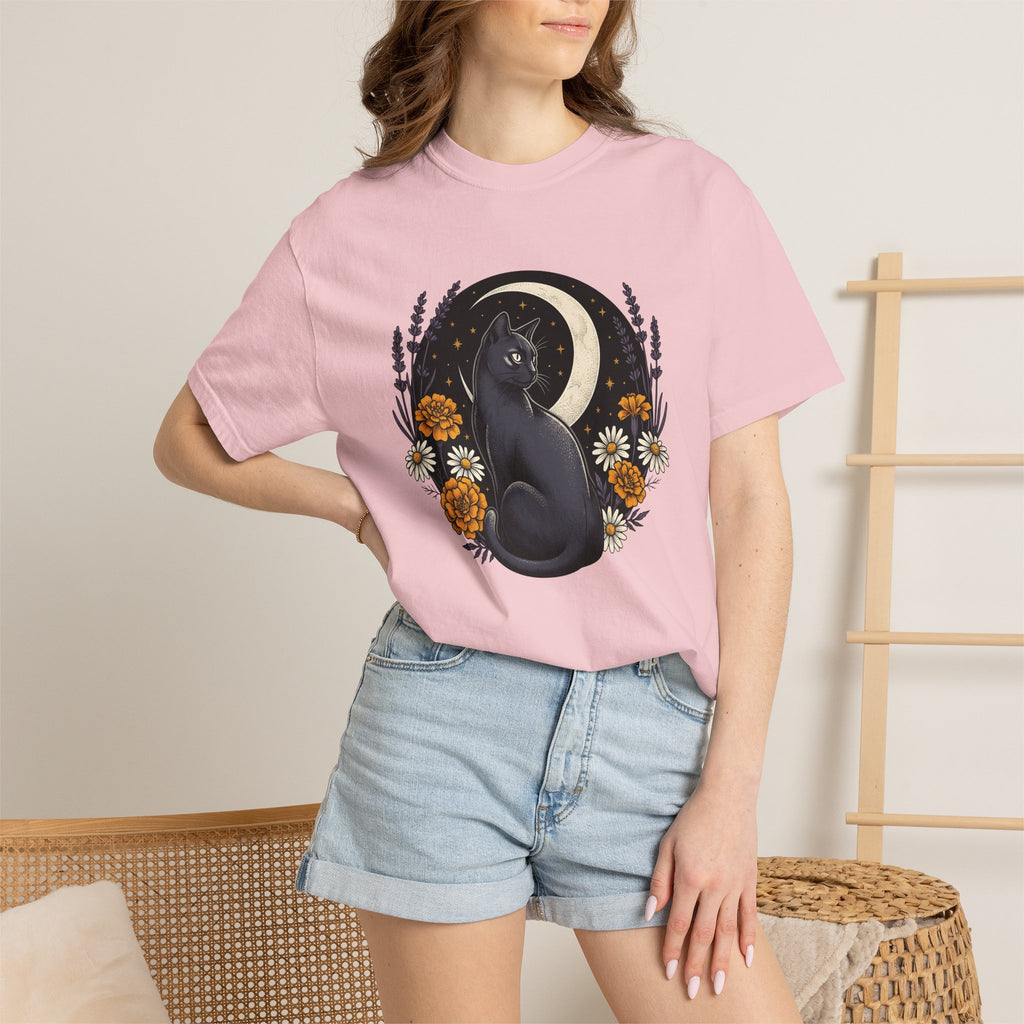 Black Kitten Shirt Cat Flower Gift Women Bohemian Tee Kitten T-Shirt Cat Fan Fauvist Tshirt Floral Graphic Retro Crescent Moon Tshirt