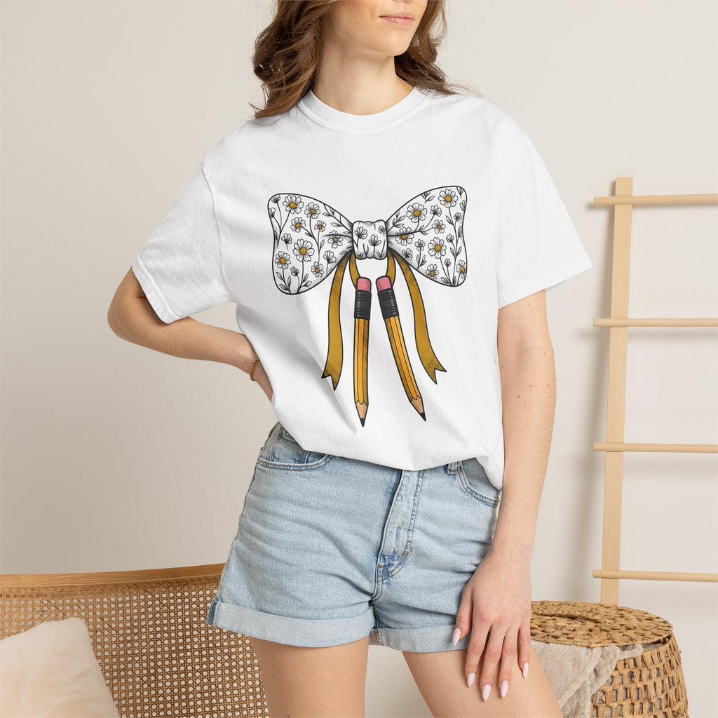Garden Bow Pencils Shirt Teacher Petals Gift Women Cartoon Tee Pencil Case T-Shirt Educator Enthusiast Comic Tshirt Floral Graphic Rustic