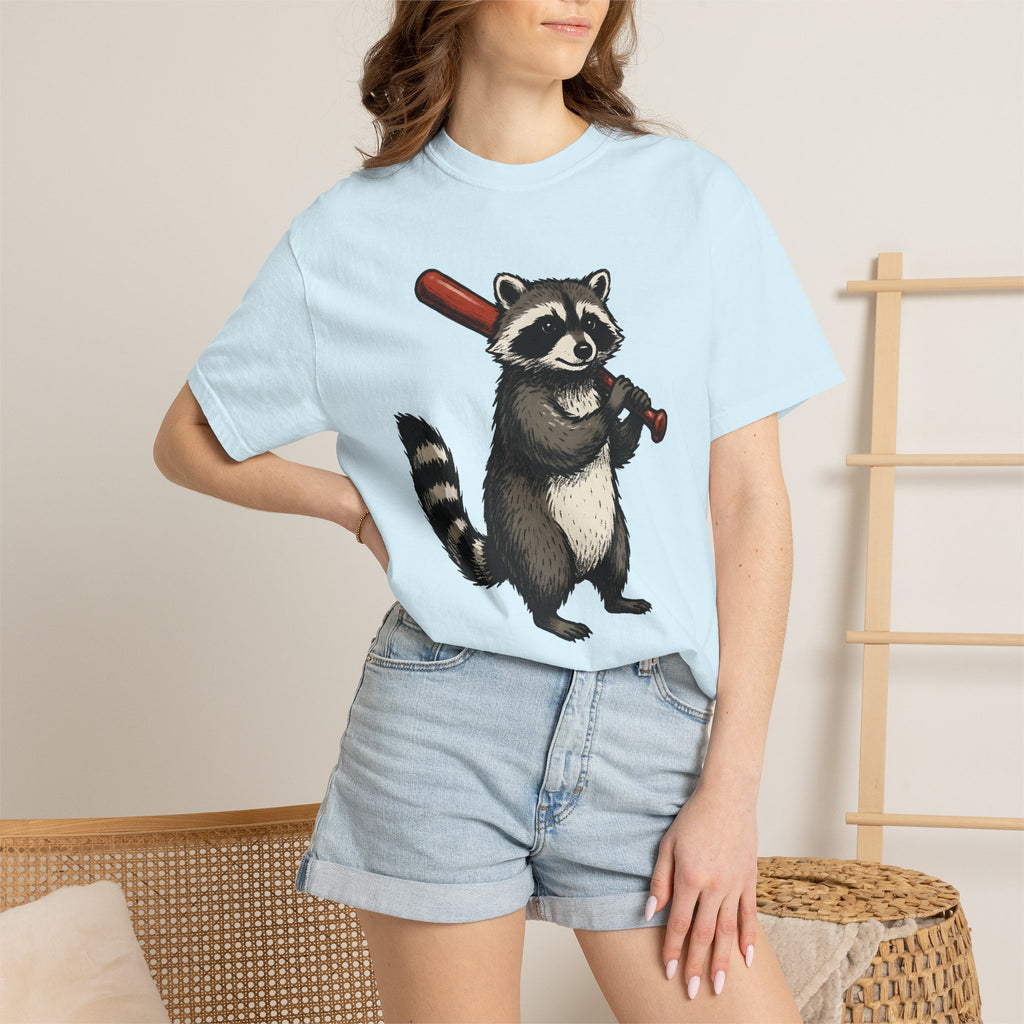 Raccoon Baseball Shirt Cute Animal Gift Women Cartoon Tee Baseball T-Shirt Adorable Fan Comic Tshirt Wildlife Graphic Hand Drawn Bat Tshirt